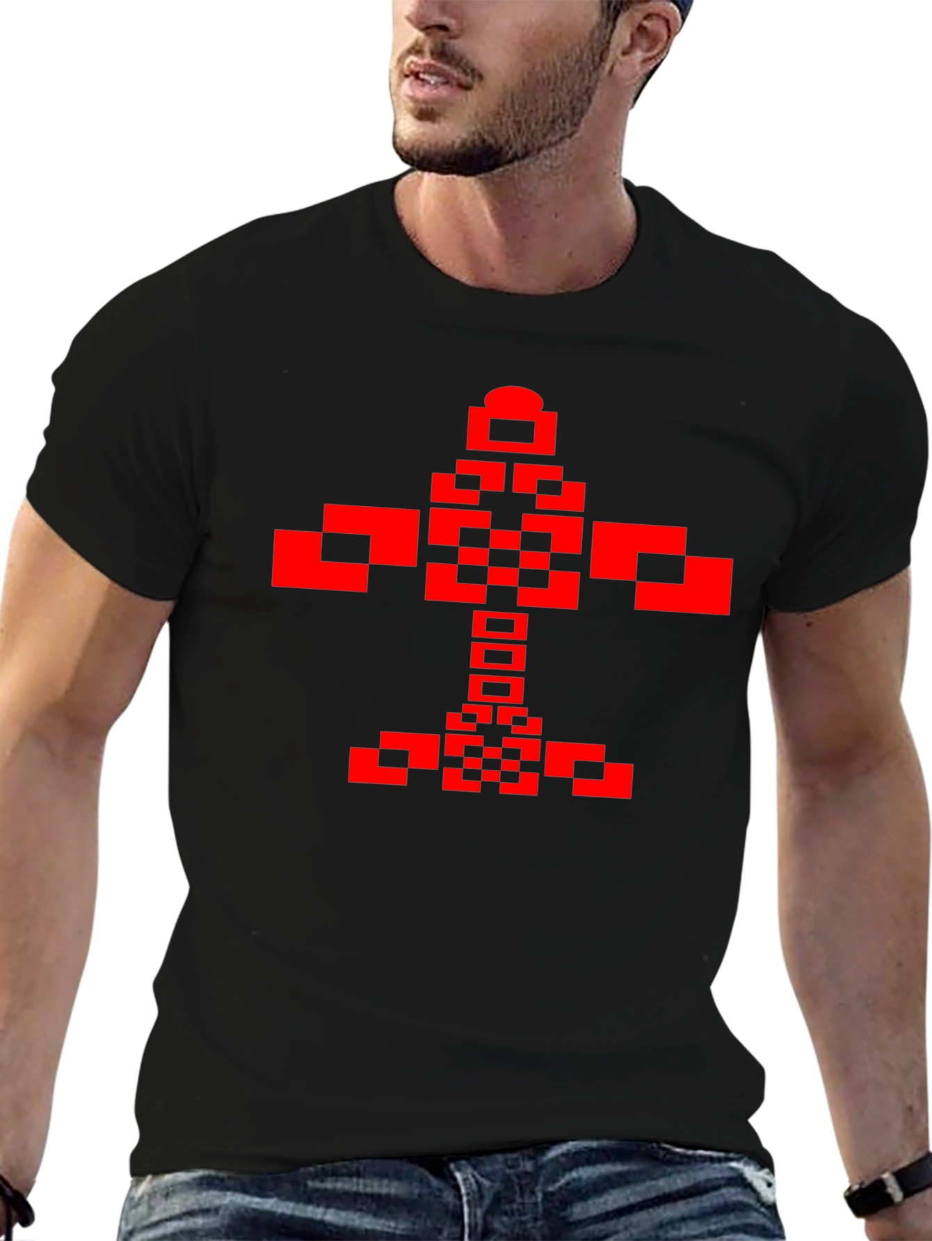 Pixelated Red Graphic Print Black T-Shirt