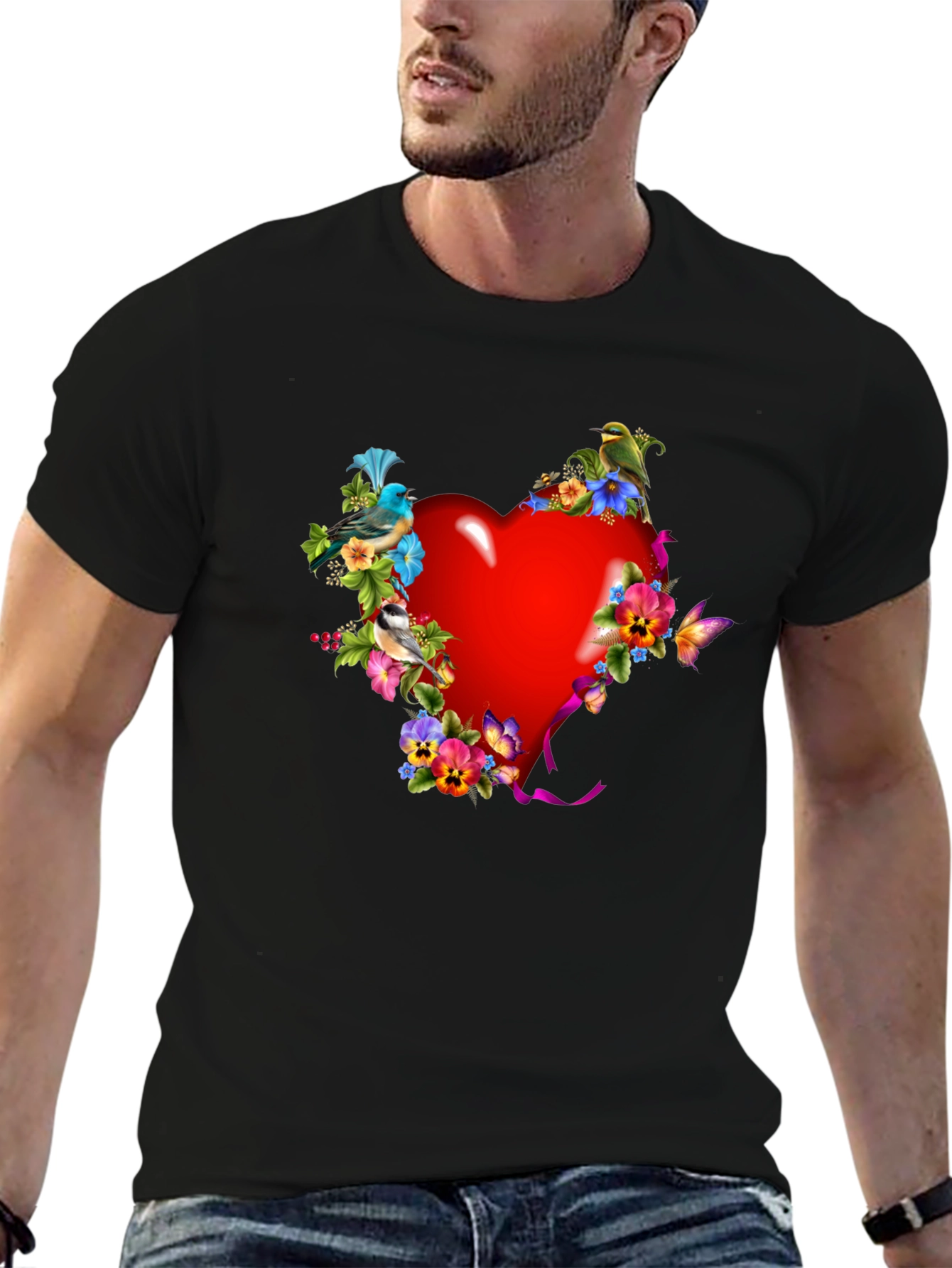 Heart Floral Bird Graphic Black T-Shirt