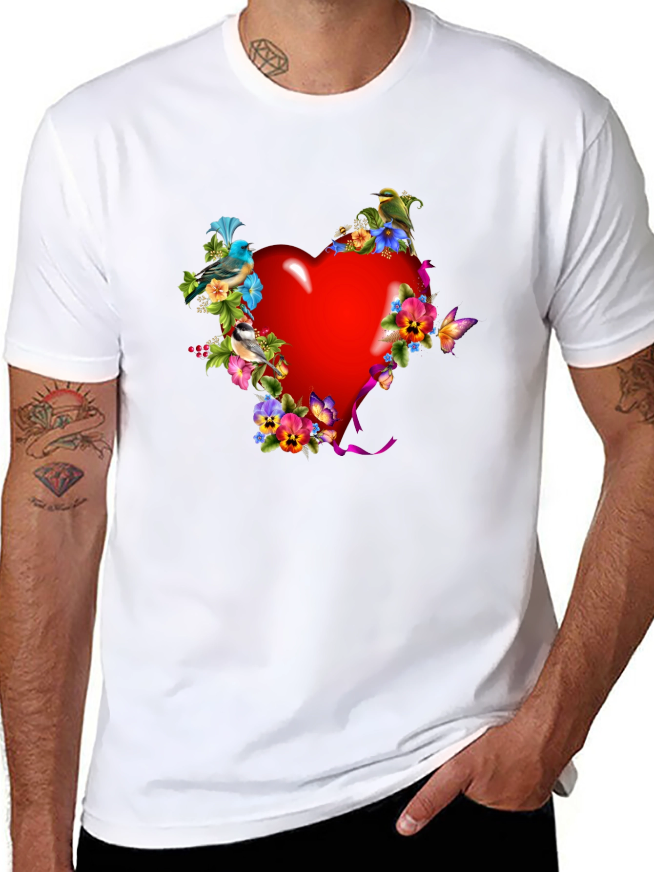 Heart Floral Bird Graphic Black T-Shirt