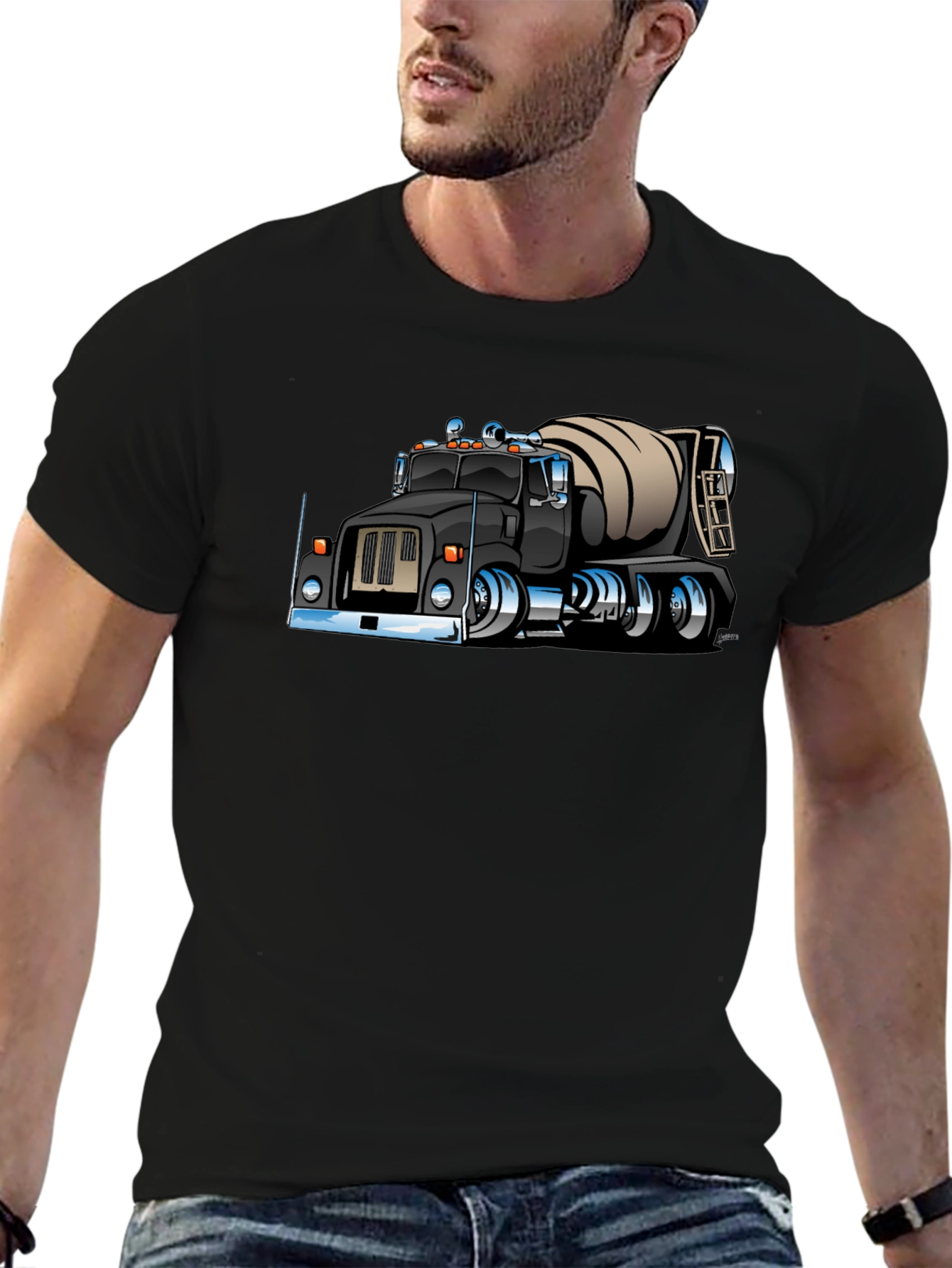 Cartoon Cement Truck Black T-Shirt