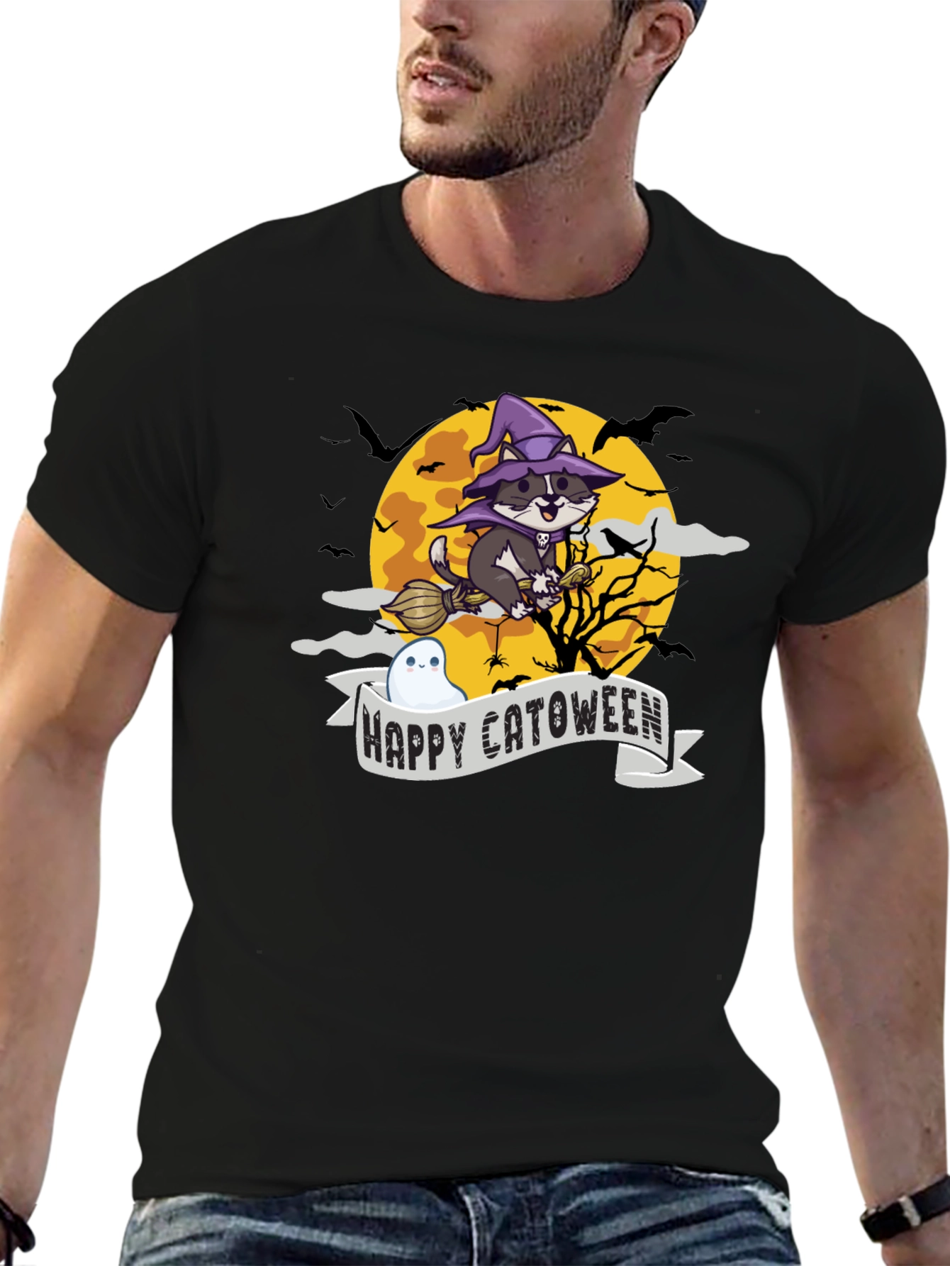 Happy Catoween T-Shirt - Witch Cat on Broom