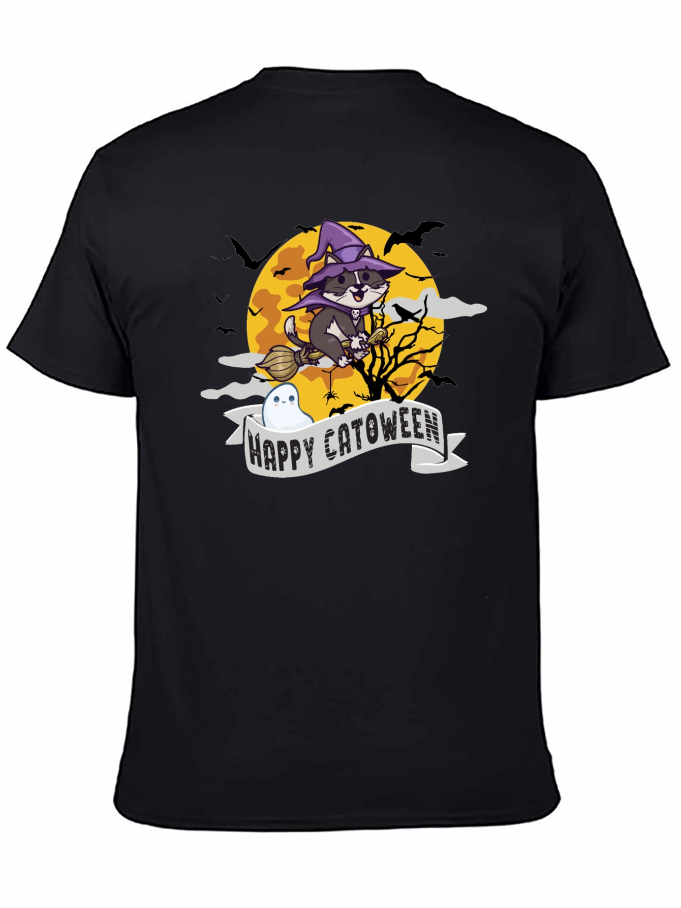 Happy Catoween T-Shirt - Witch Cat on Broom
