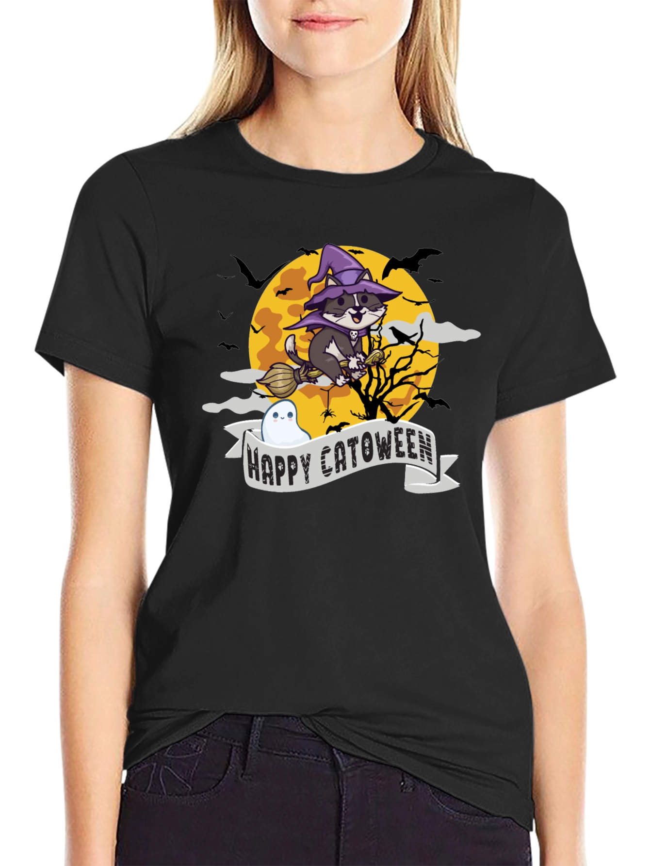 Happy Catoween T-Shirt - Witch Cat on Broom