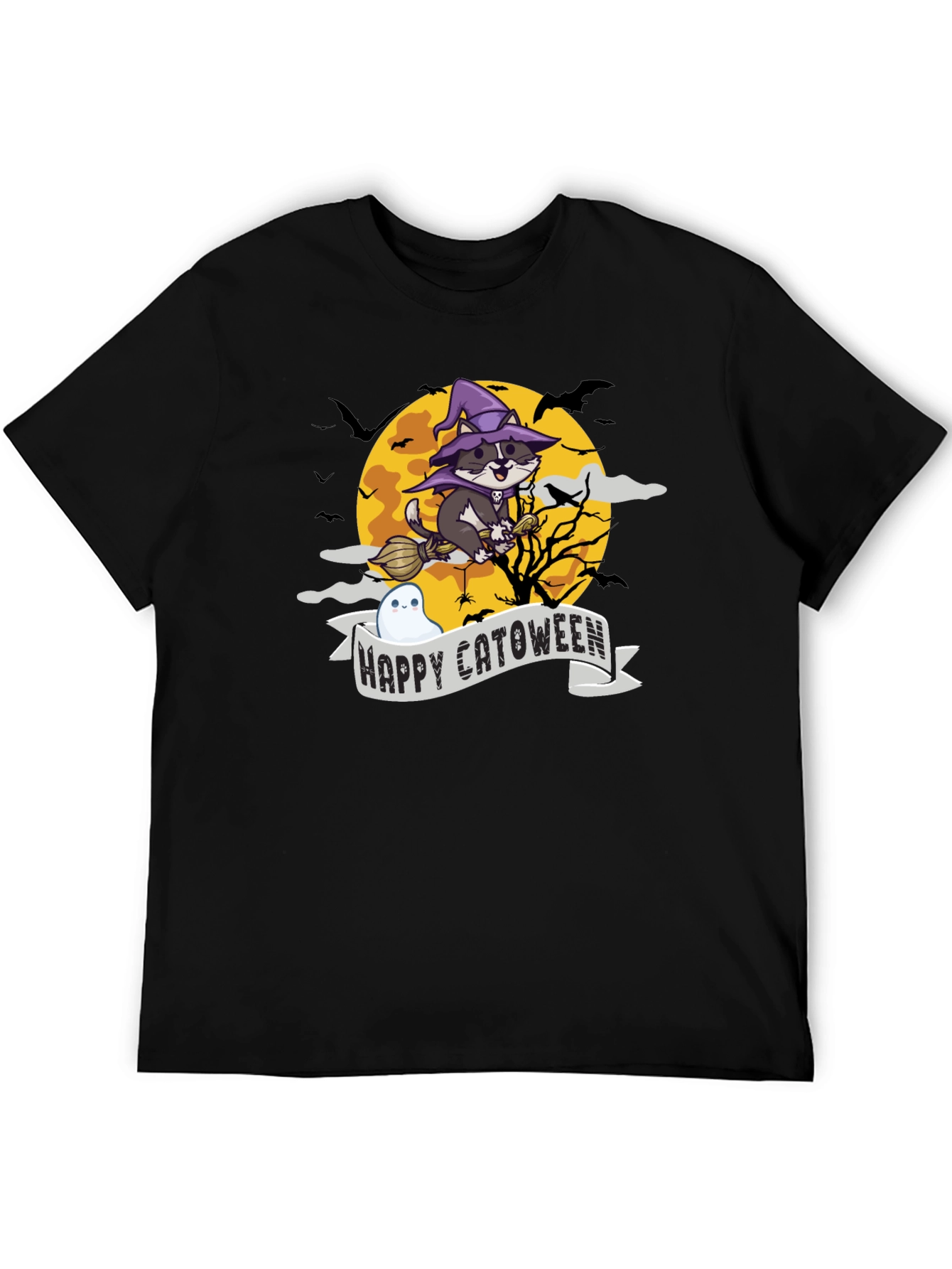 Happy Catoween T-Shirt - Witch Cat on Broom