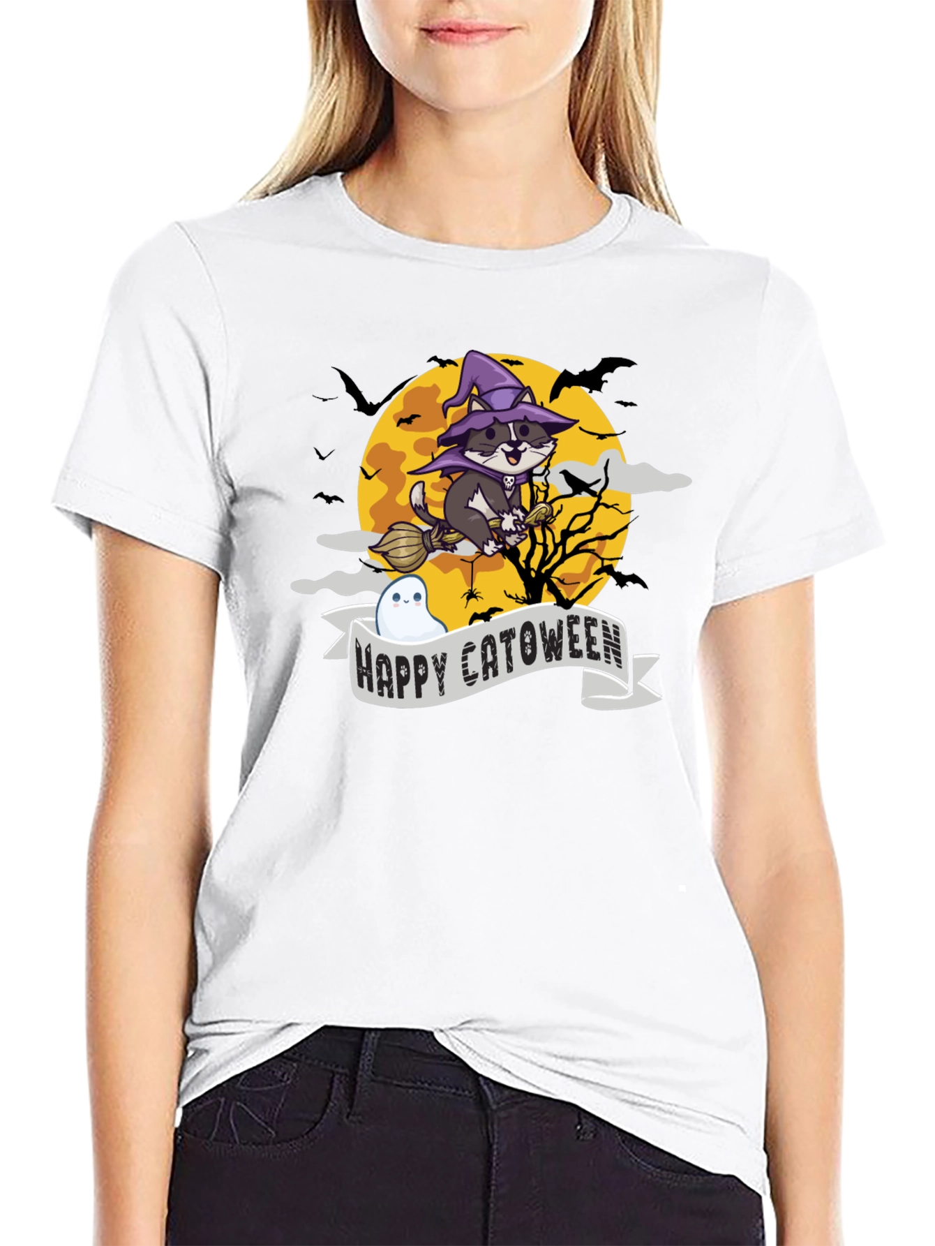Happy Catoween T-Shirt - Witch Cat on Broom