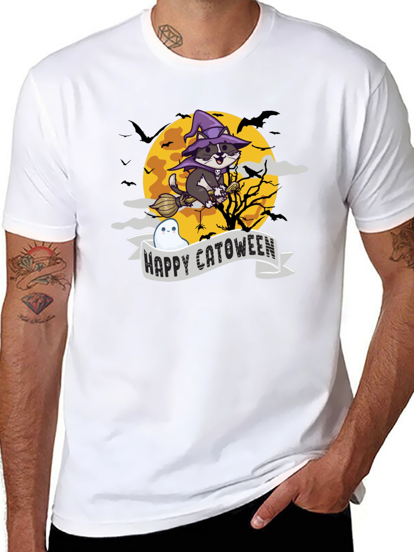 Happy Catoween T-Shirt - Witch Cat on Broom