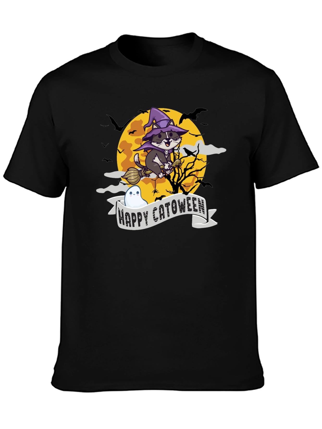 Happy Catoween T-Shirt - Witch Cat on Broom