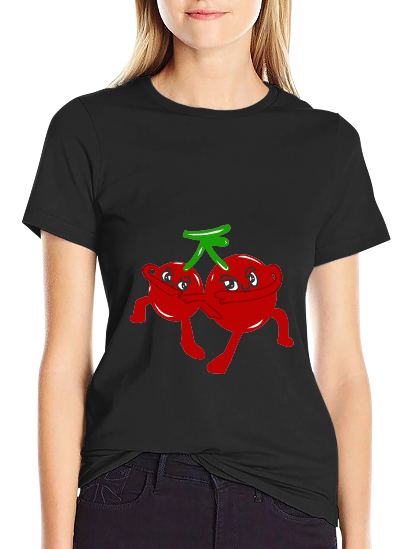 Funny Cartoon Cherry Graphic Tee - Black