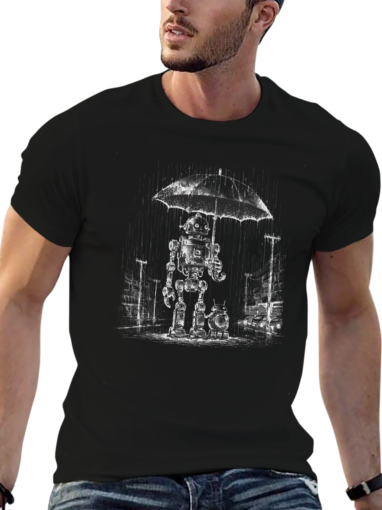 Robot in Rain T-Shirt - Unique Graphic Tee