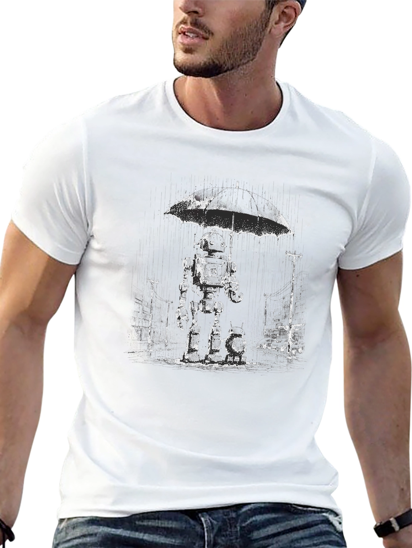 Robot in Rain T-Shirt - Unique Graphic Tee