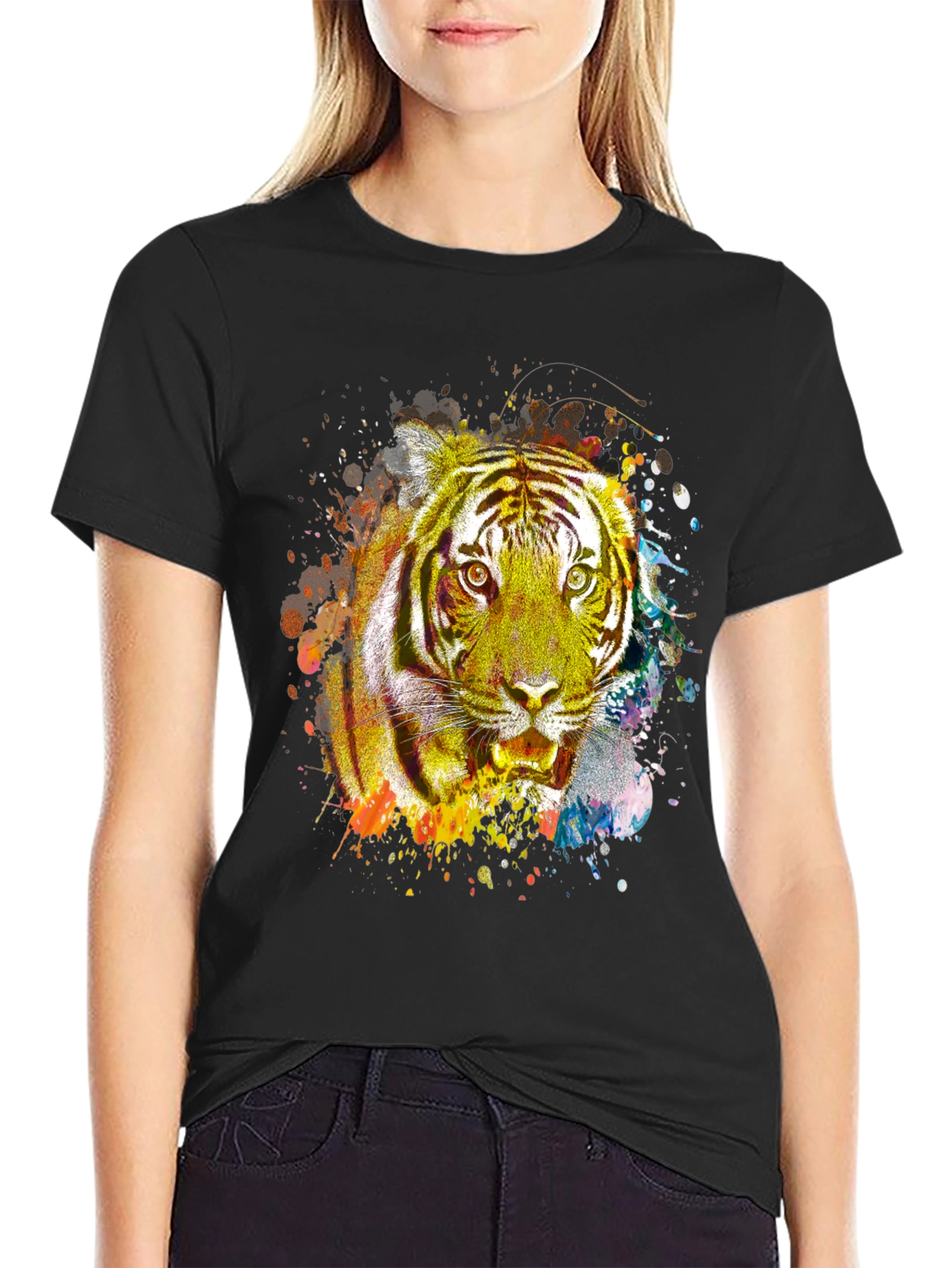 Vibrant Tiger Graphic Print Black T-Shirt