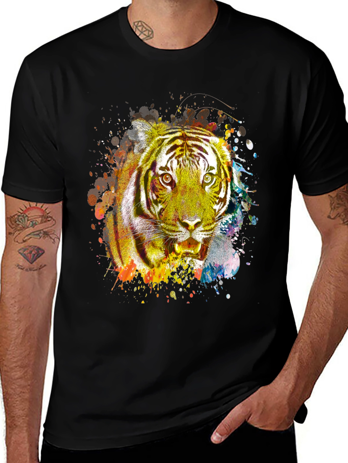 Vibrant Tiger Graphic Print Black T-Shirt