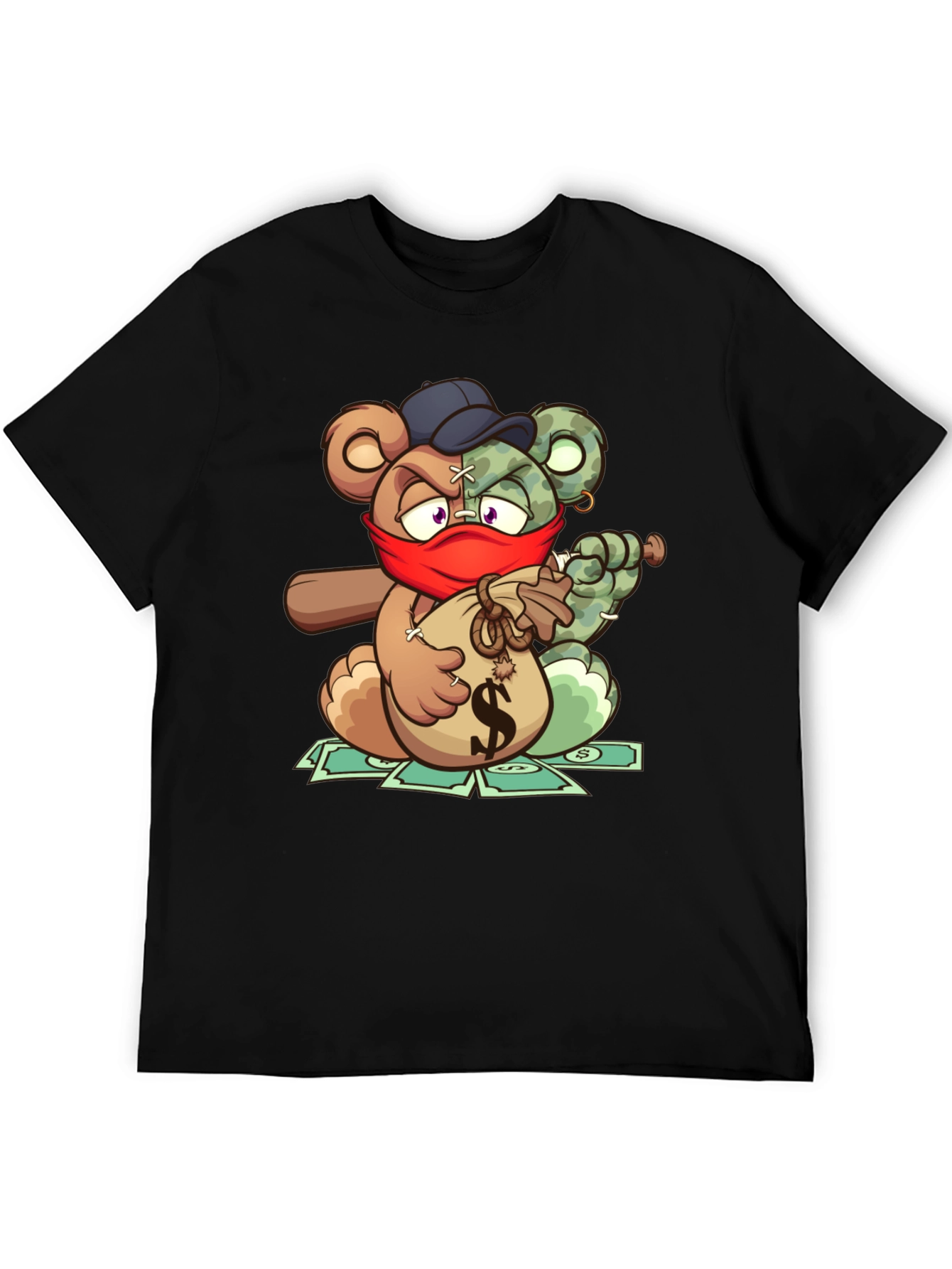 Cartoon Bear Graphic Tee - Bandit Bear on Black