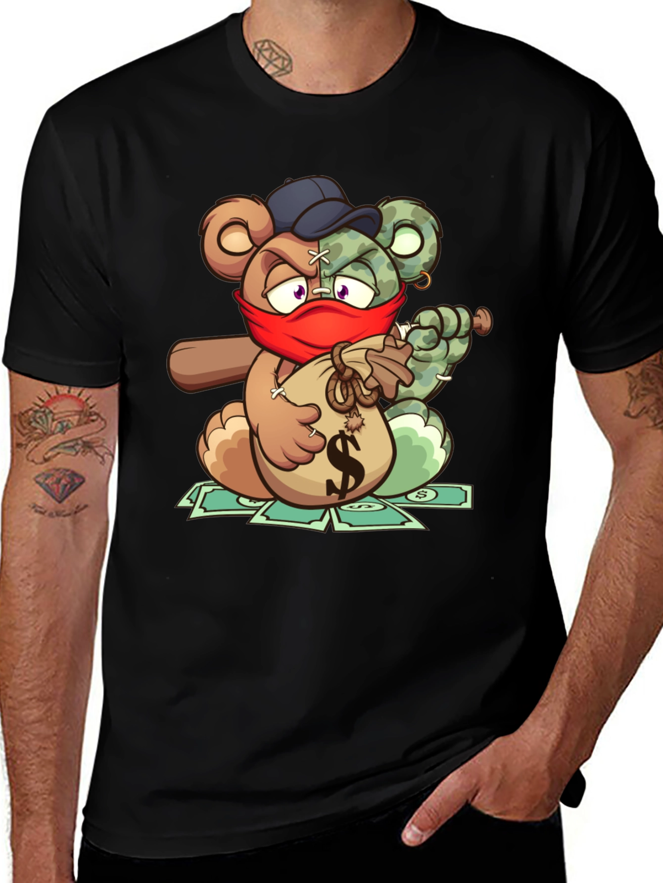 Cartoon Bear Graphic Tee - Bandit Bear on Black
