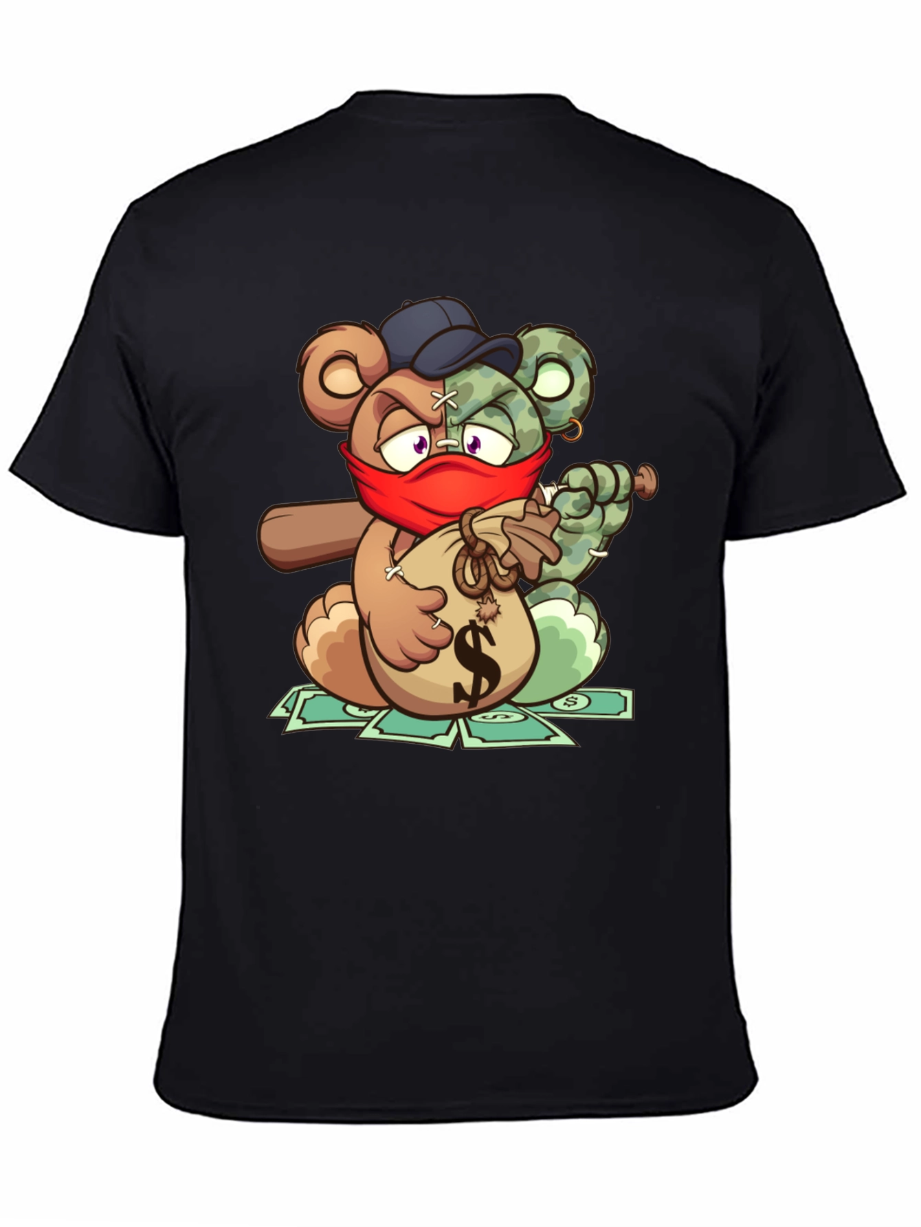 Cartoon Bear Graphic Tee - Bandit Bear on Black