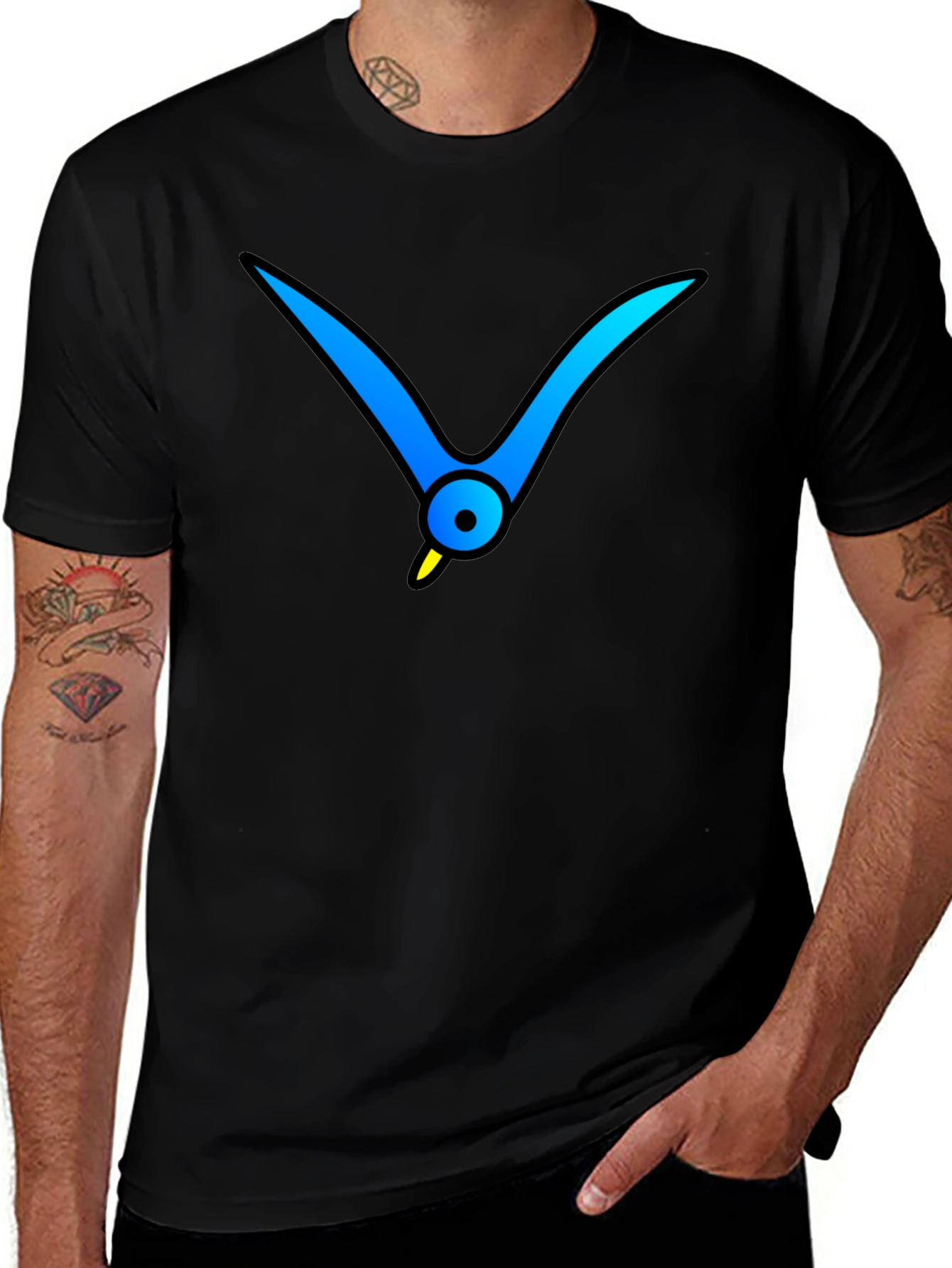 Black T-Shirt with Abstract Blue Bird Graphic