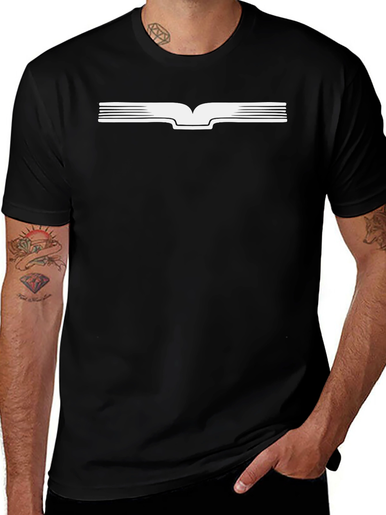 Black T-Shirt with White Graphic Book Design