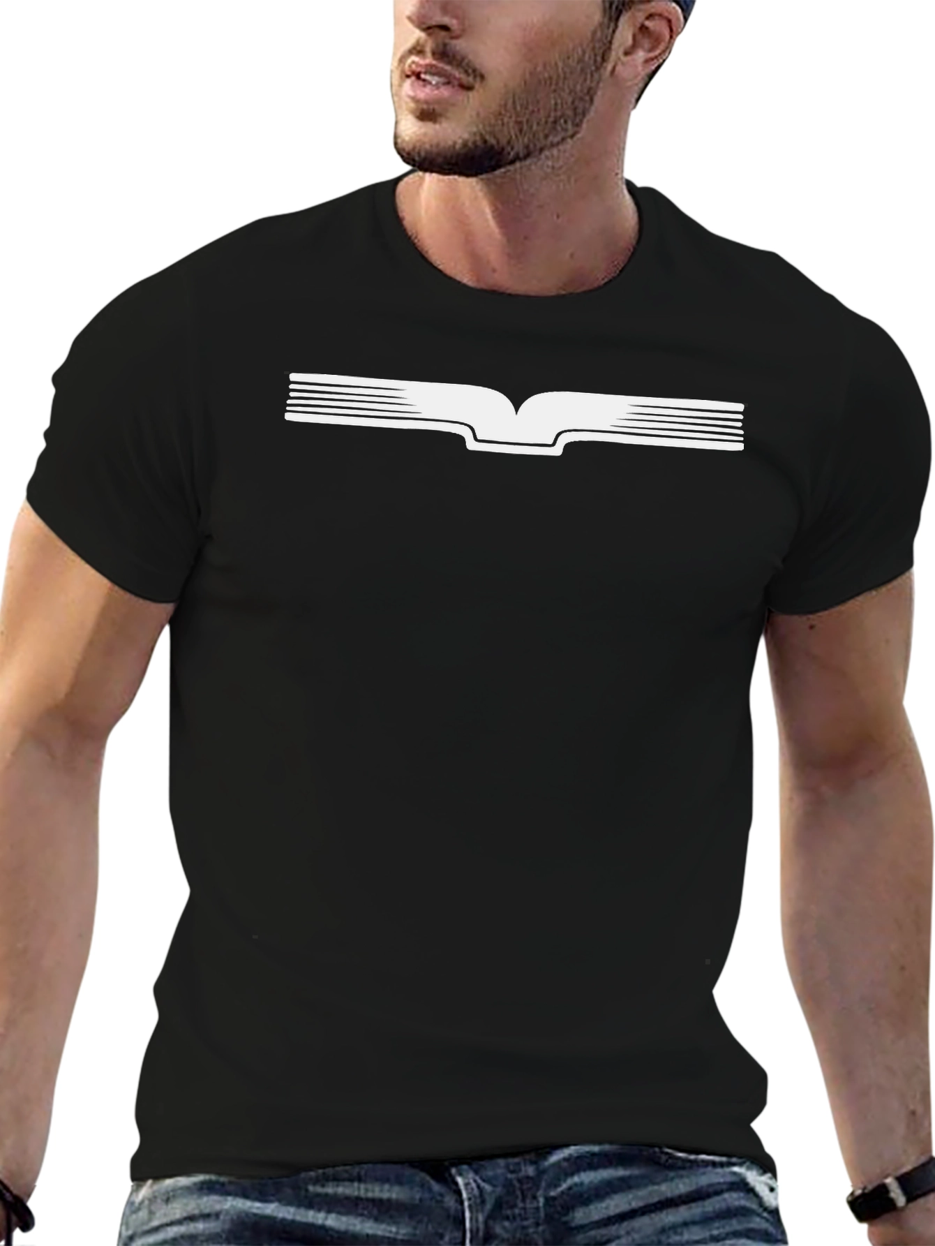 Black T-Shirt with White Graphic Book Design