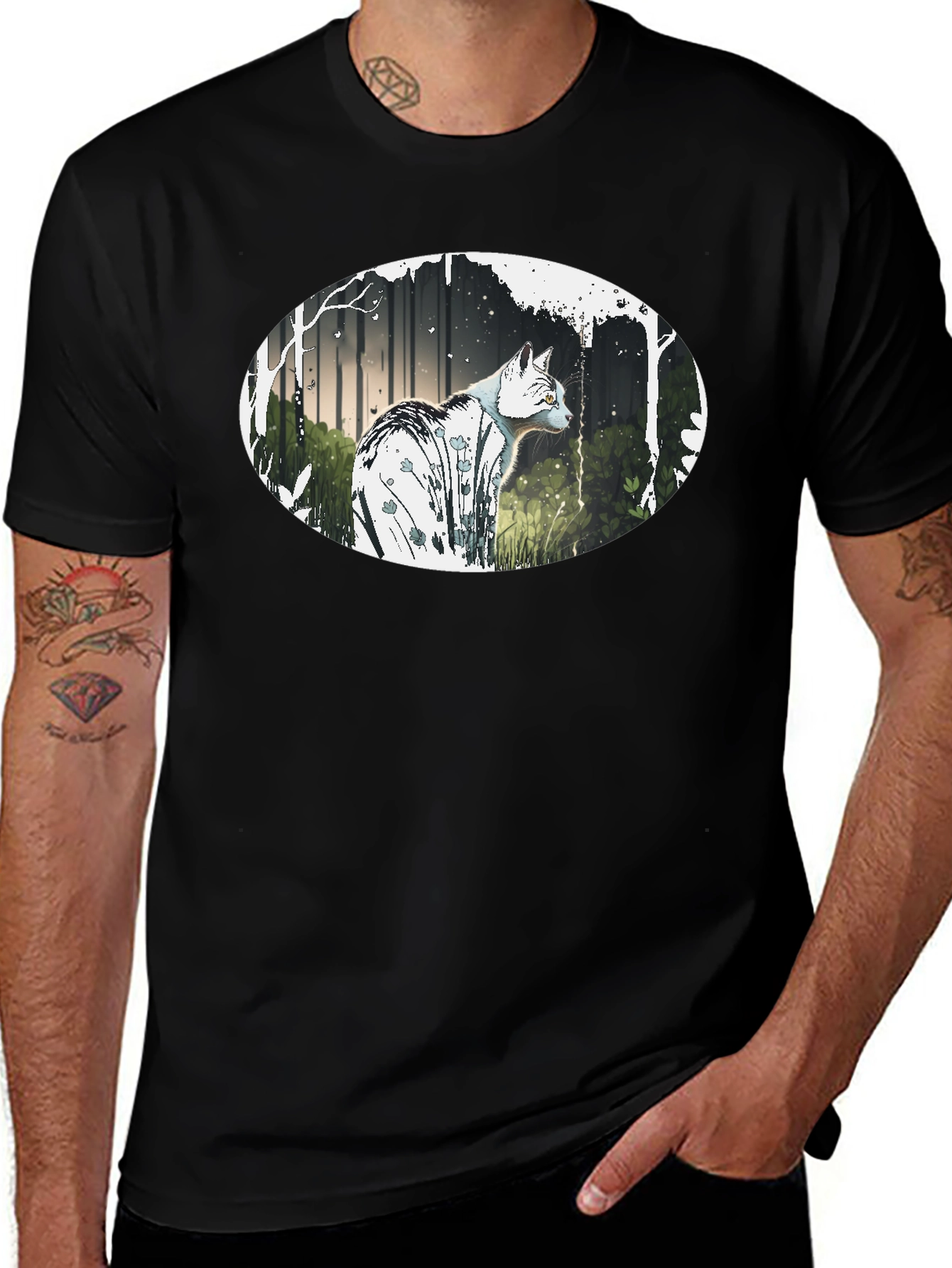 Cat in the Woods Graphic Tee - Black