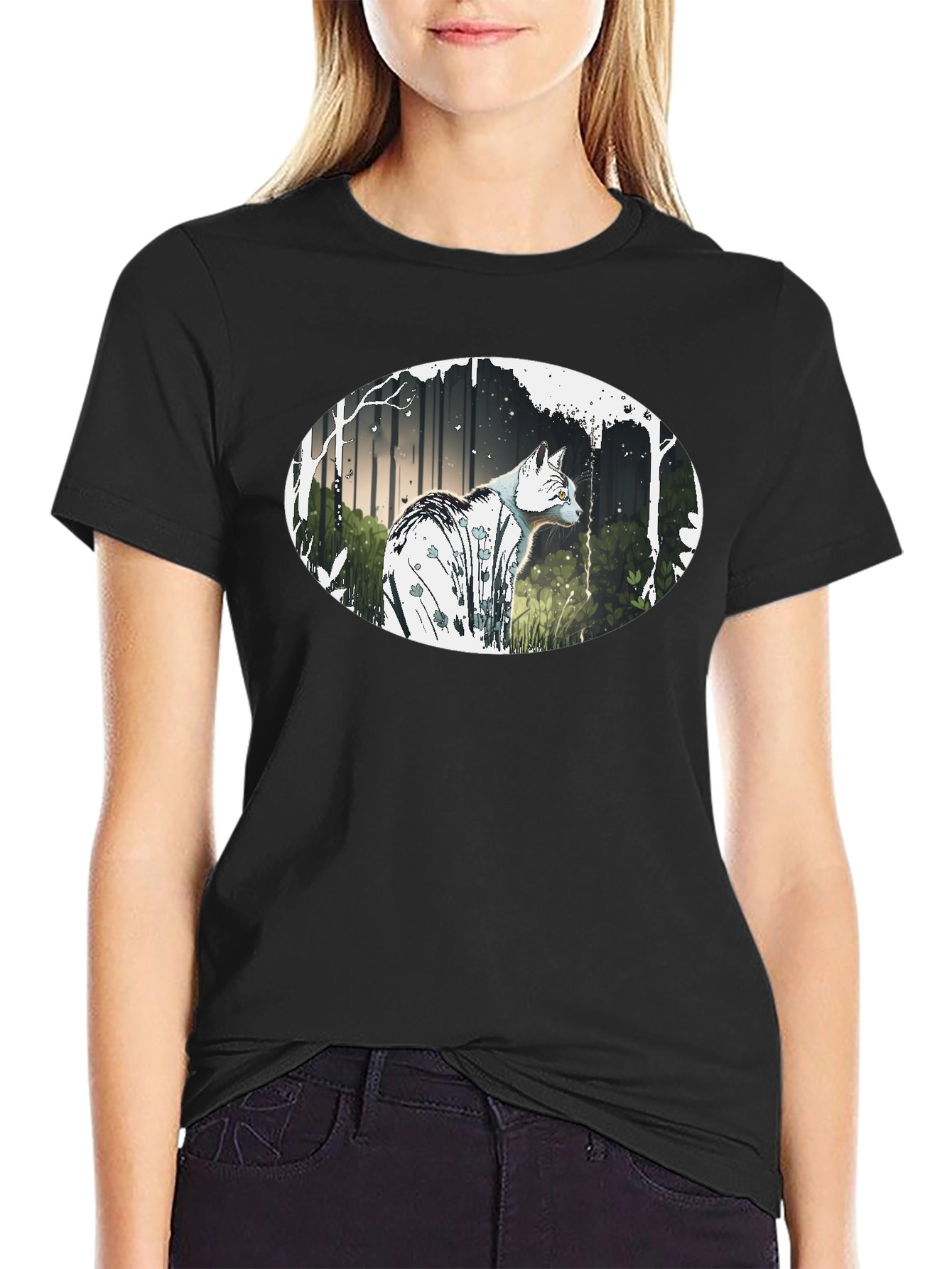 Cat in the Woods Graphic Tee - Black