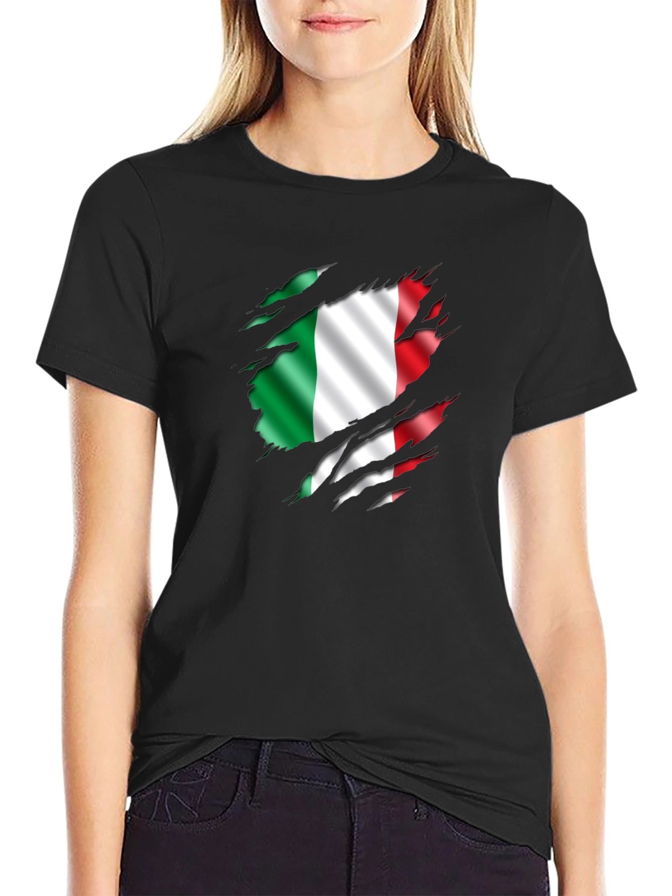 Italian Flag Ripped T-Shirt - Mens Black Tee
