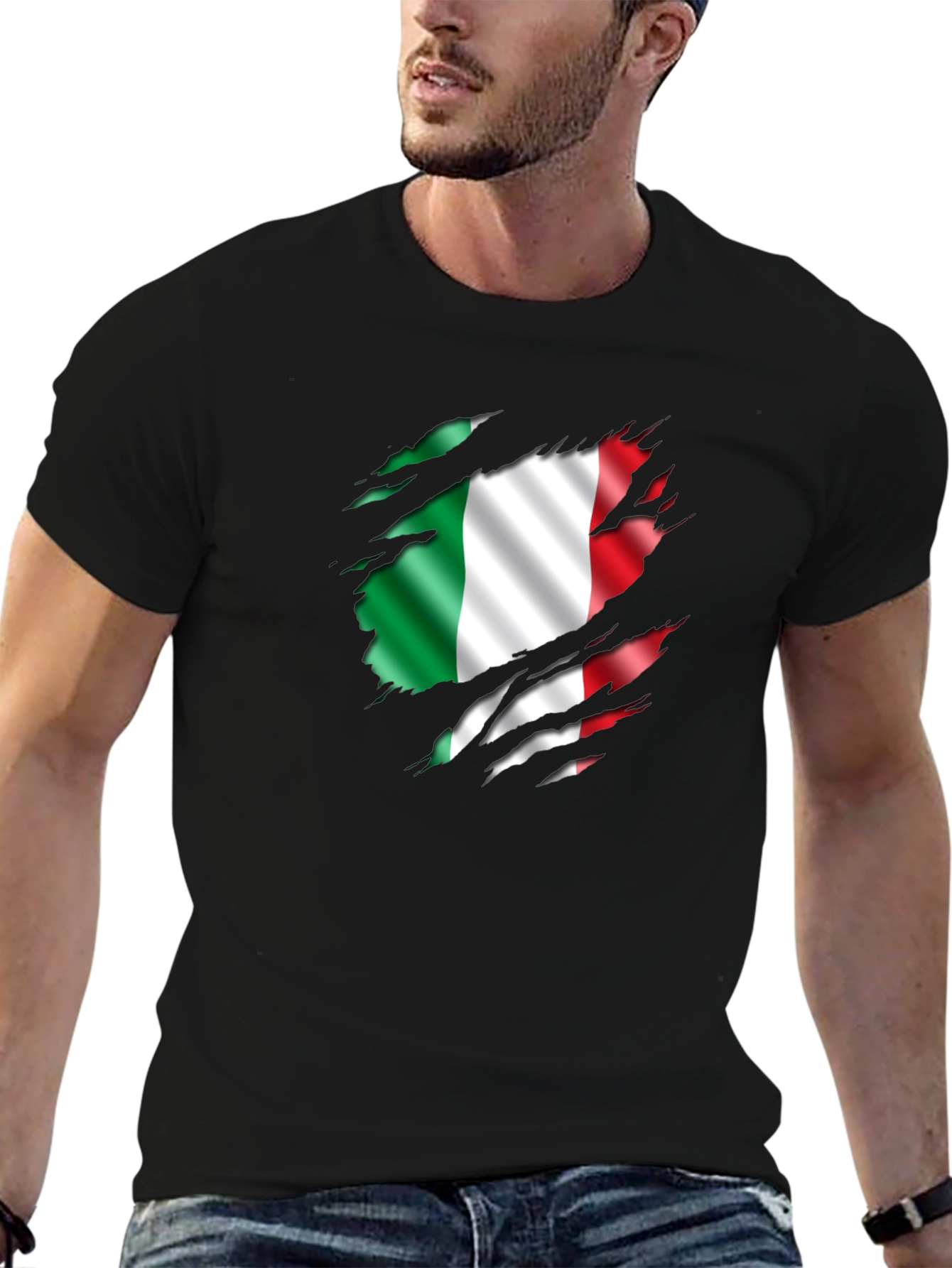 Italian Flag Ripped T-Shirt - Mens Black Tee