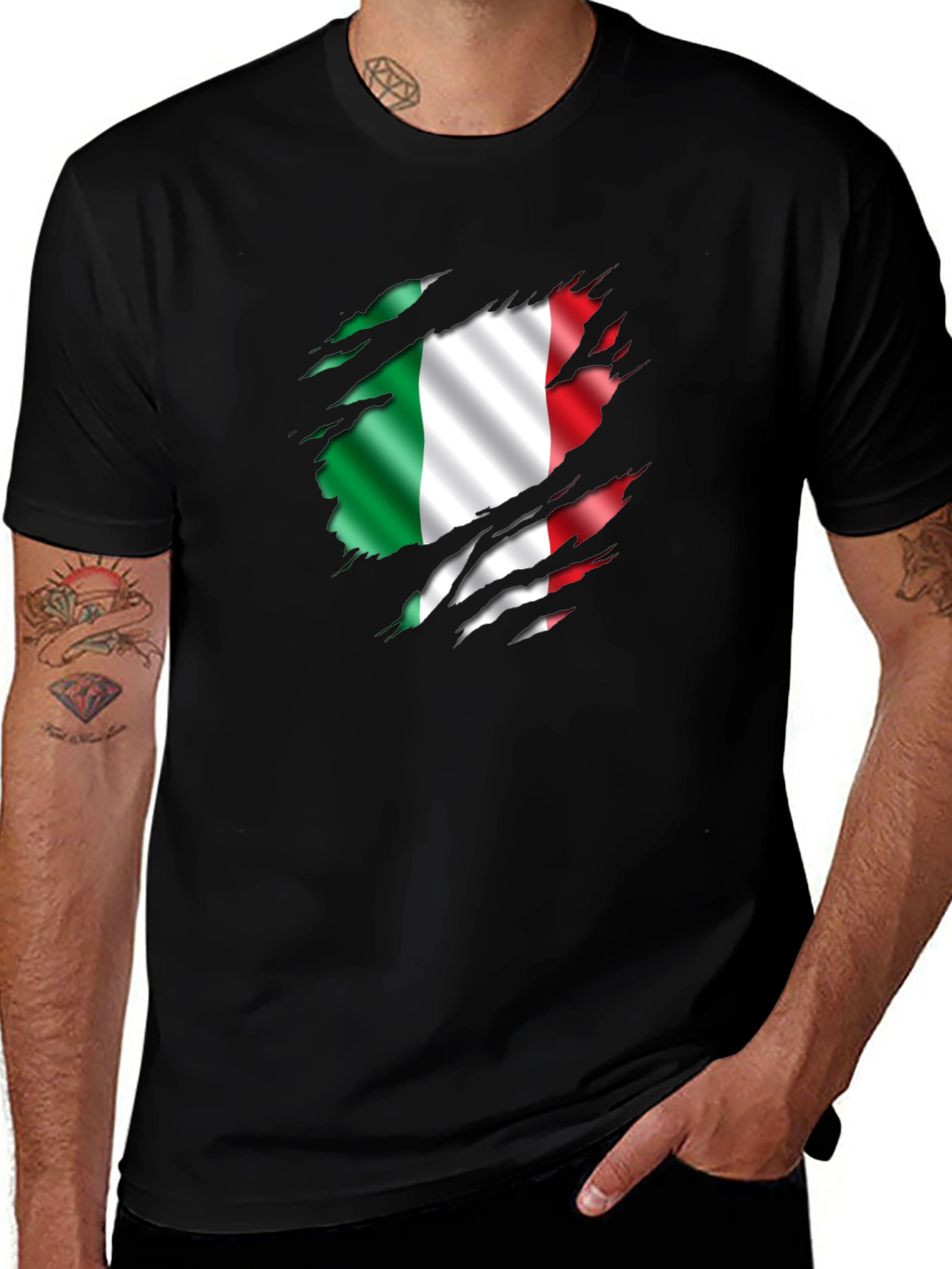 Italian Flag Ripped T-Shirt - Mens Black Tee