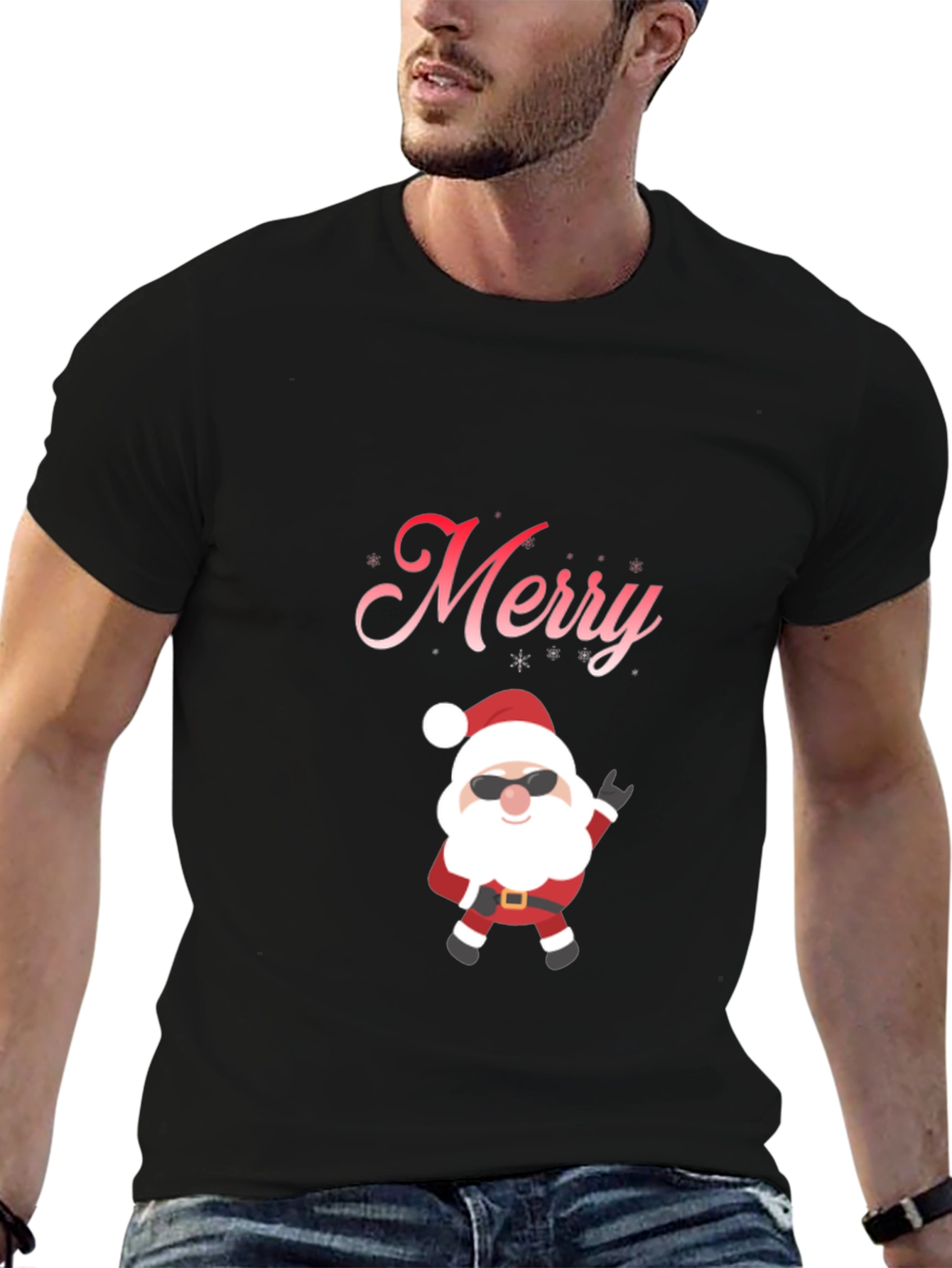 Merry Santa T-Shirt - Black Cotton Holiday Tee