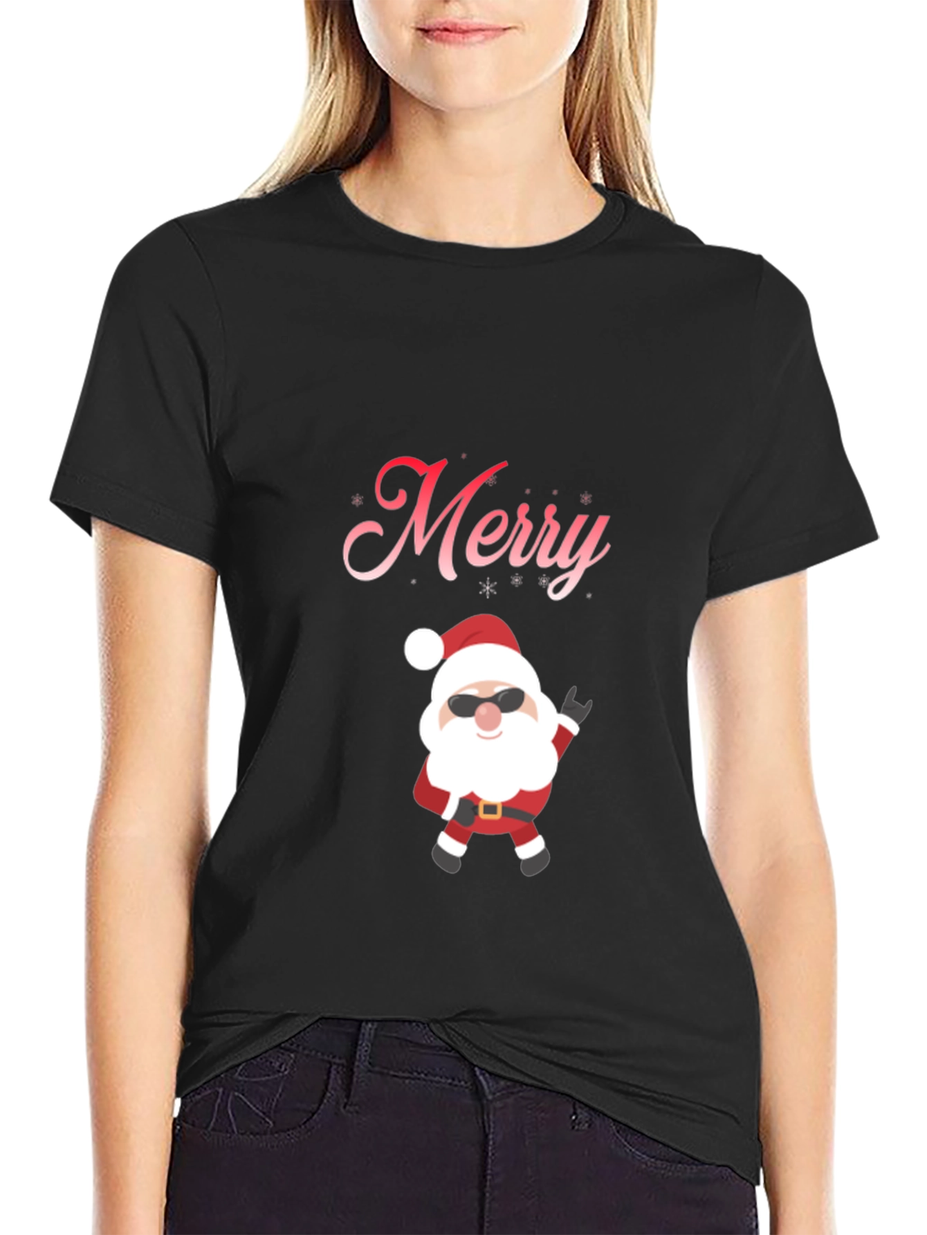 Merry Santa T-Shirt - Black Cotton Holiday Tee