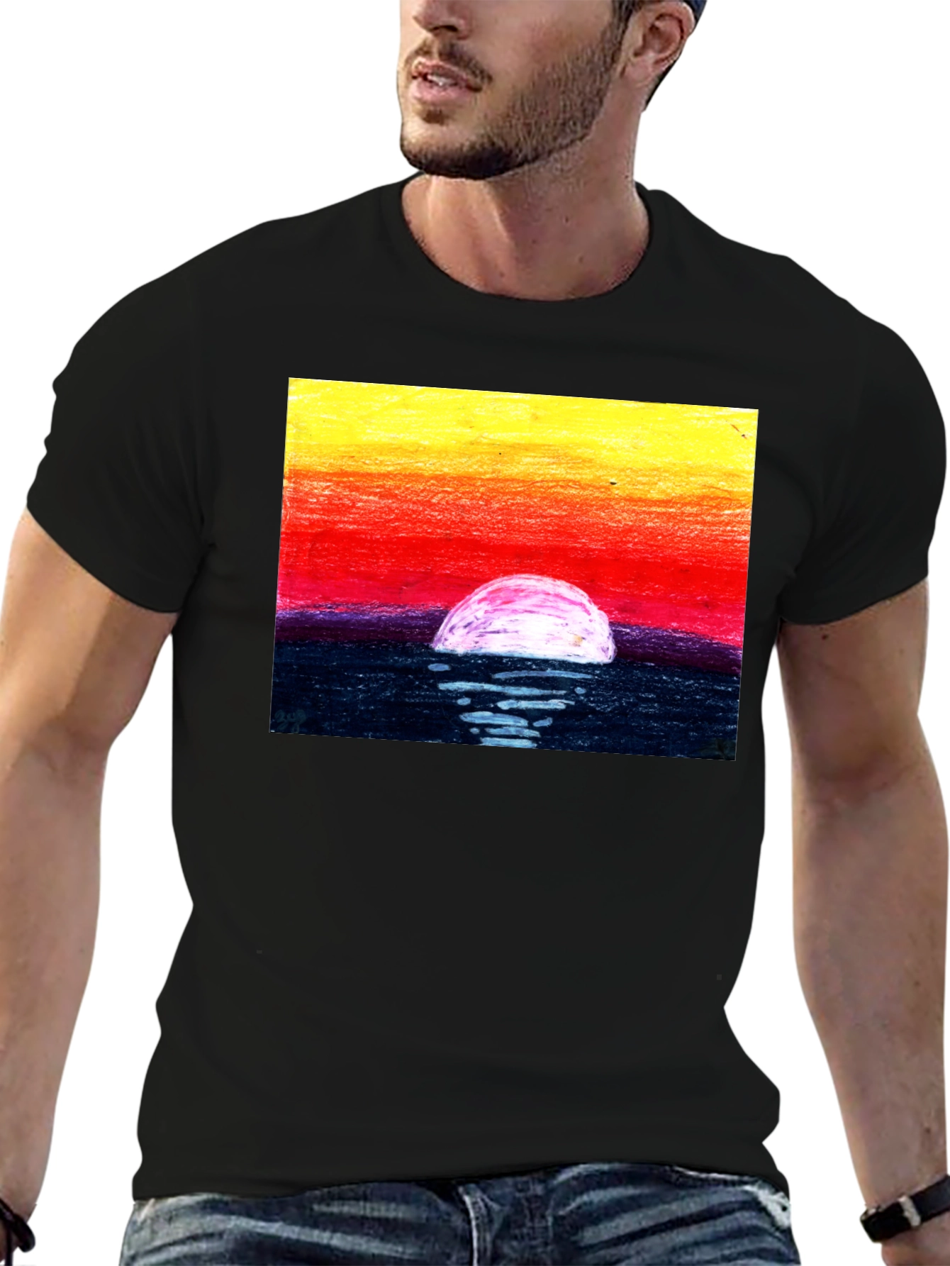 Sunset Art Graphic Tee - Black Cotton T-Shirt