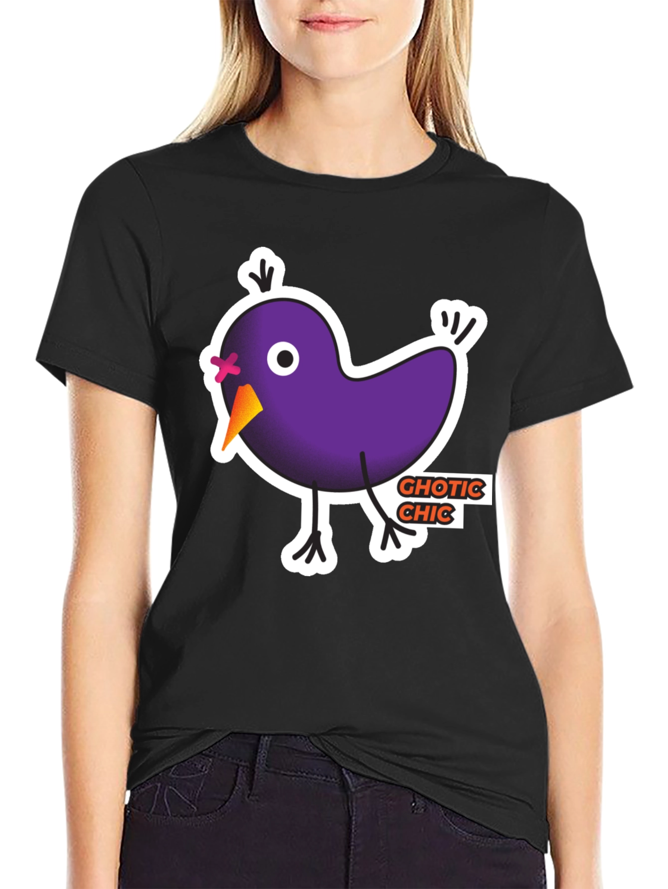 Gothic Chic Bird Graphic T-Shirt - Black