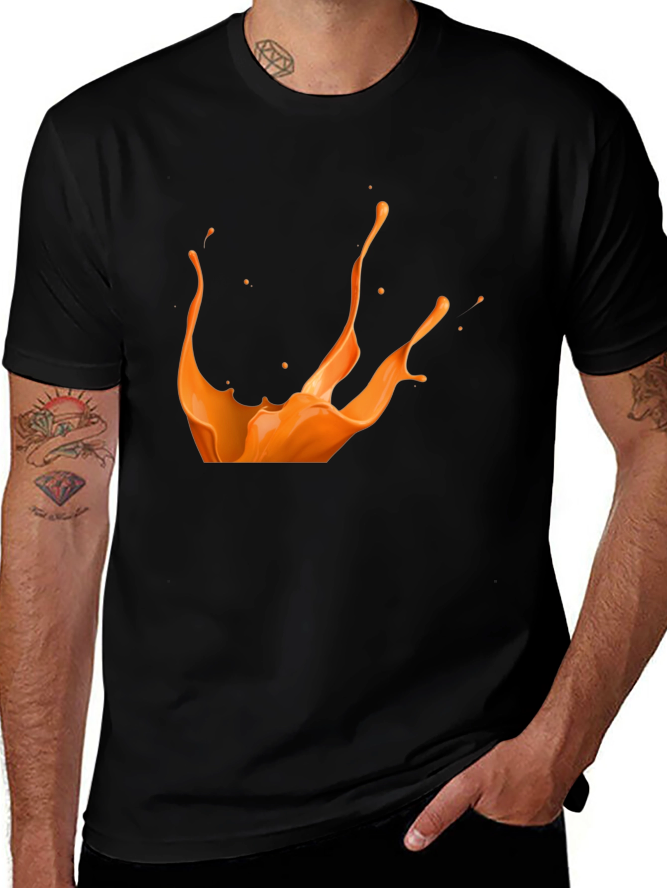 Black T-Shirt with Orange Splash Graphic