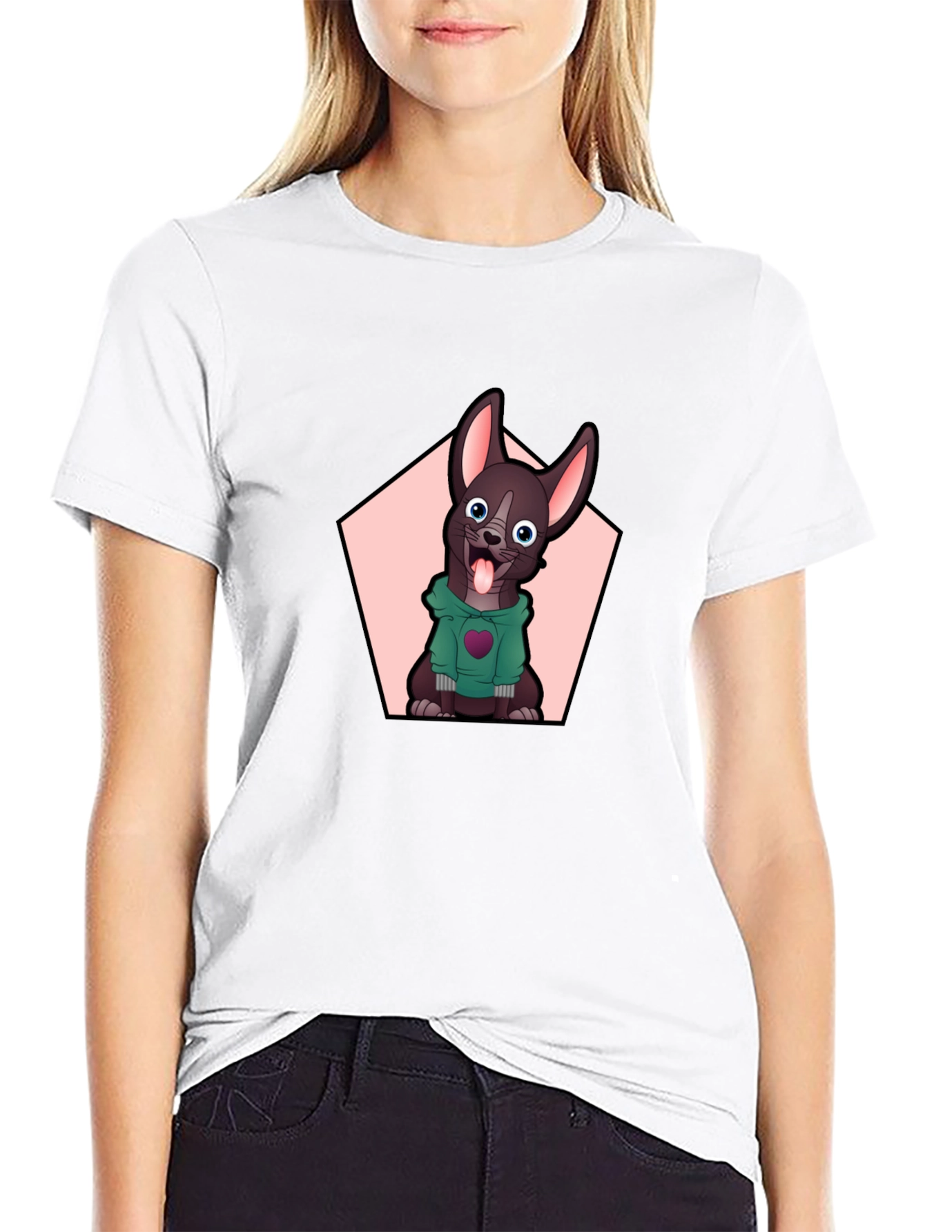 Cartoon Dog Graphic Tee - Black Cotton Blend