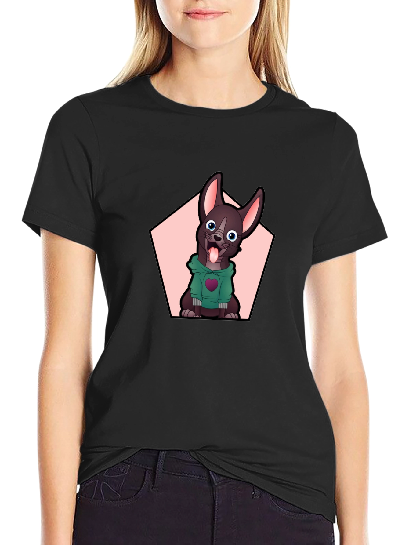 Cartoon Dog Graphic Tee - Black Cotton Blend