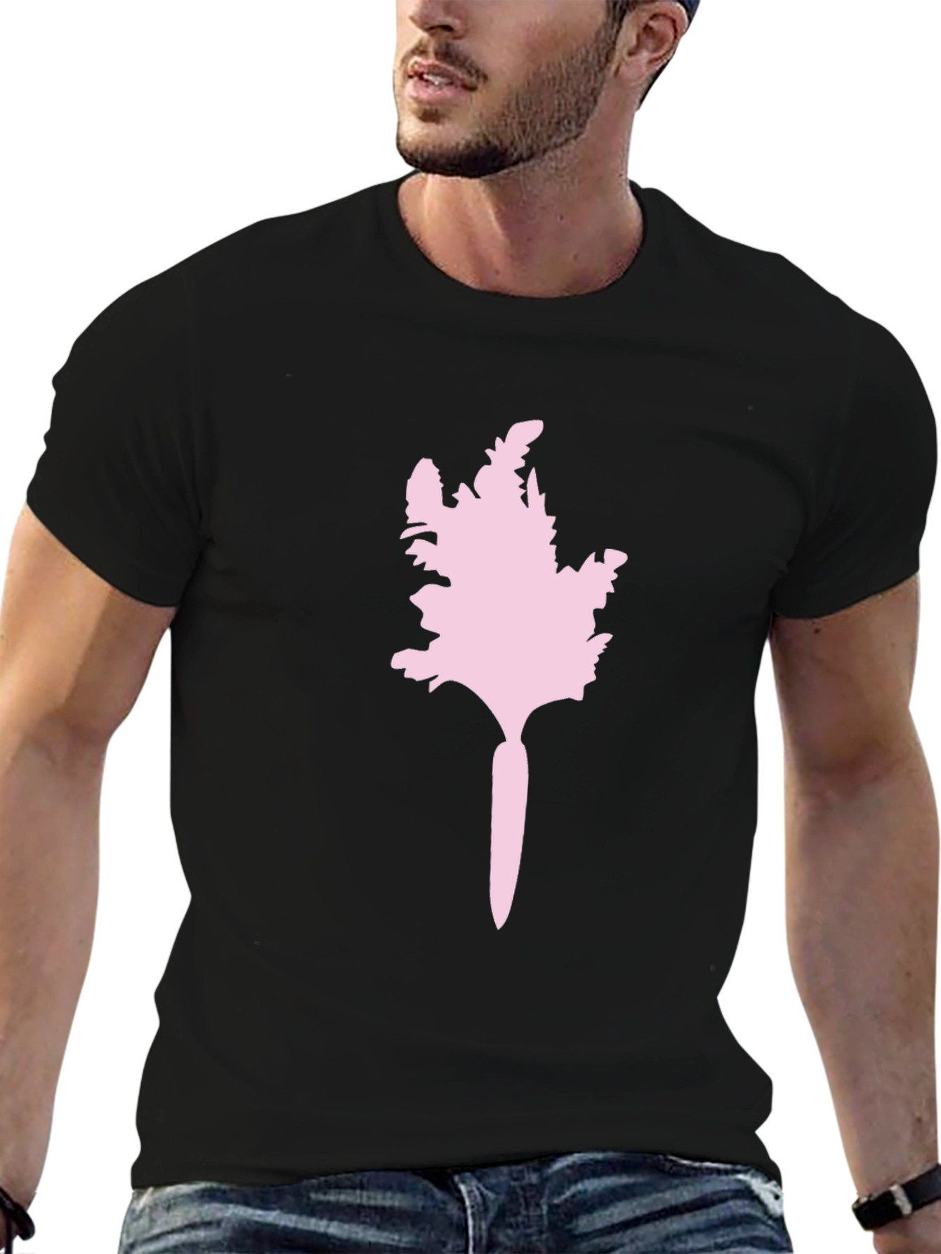 Mens Black T-Shirt with Pink Abstract Carrot Design