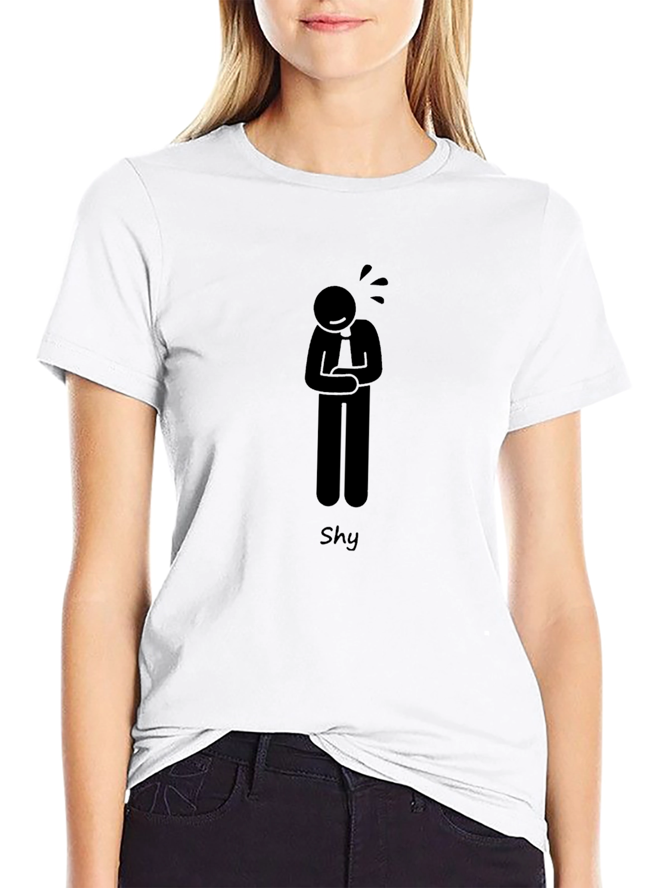 Shy Graphic T-Shirt - Black Cotton Blend Casual Tee
