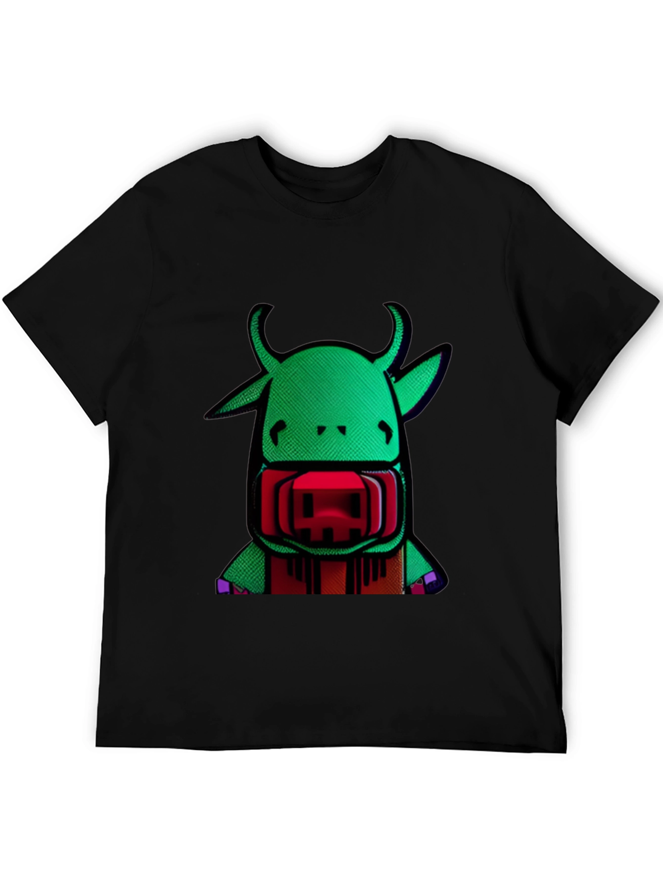 Novelty Green Cow Graphic Print Mens Black T-Shirt