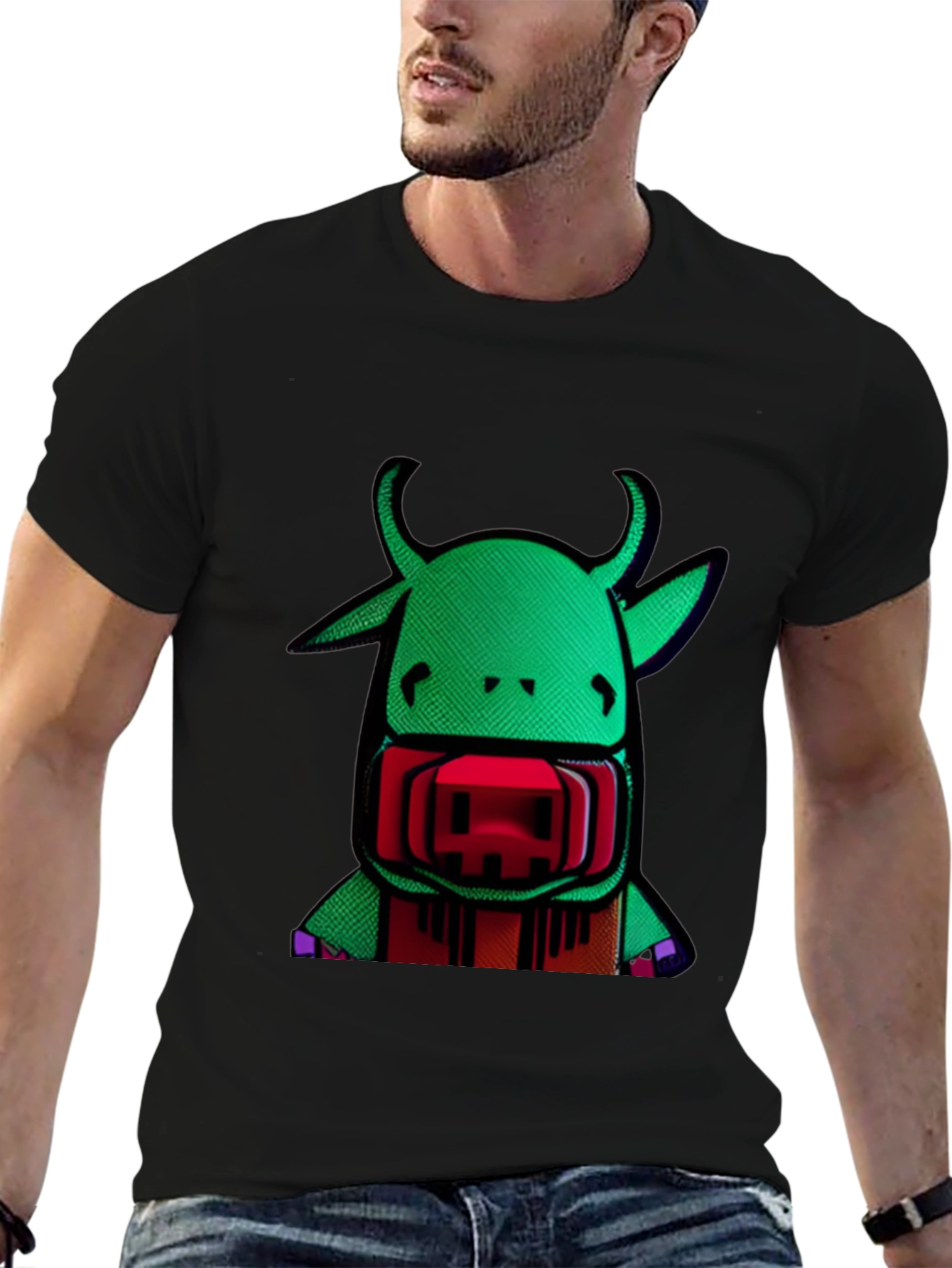 Novelty Green Cow Graphic Print Mens Black T-Shirt