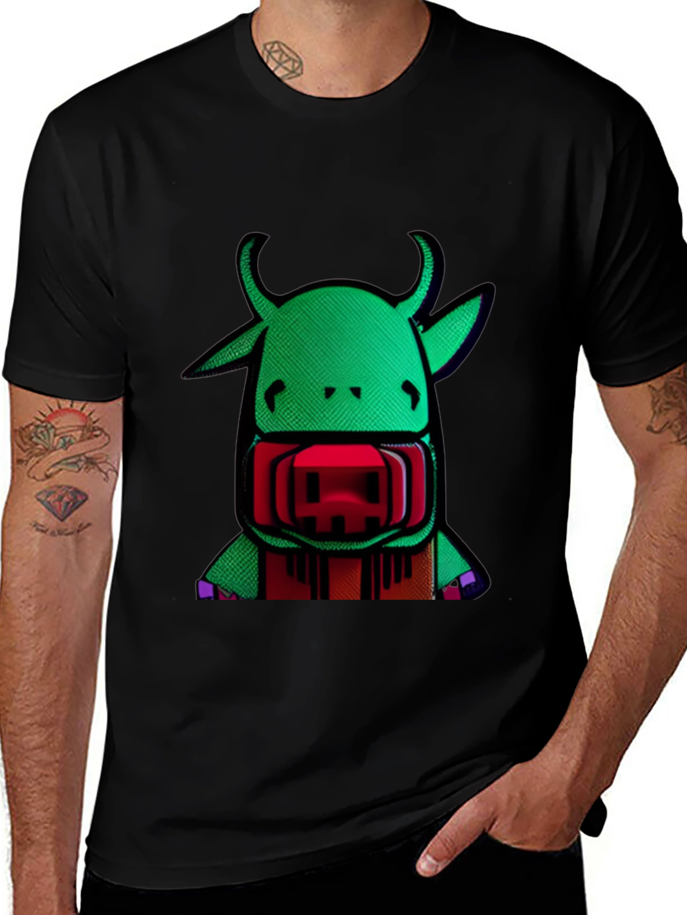 Novelty Green Cow Graphic Print Mens Black T-Shirt