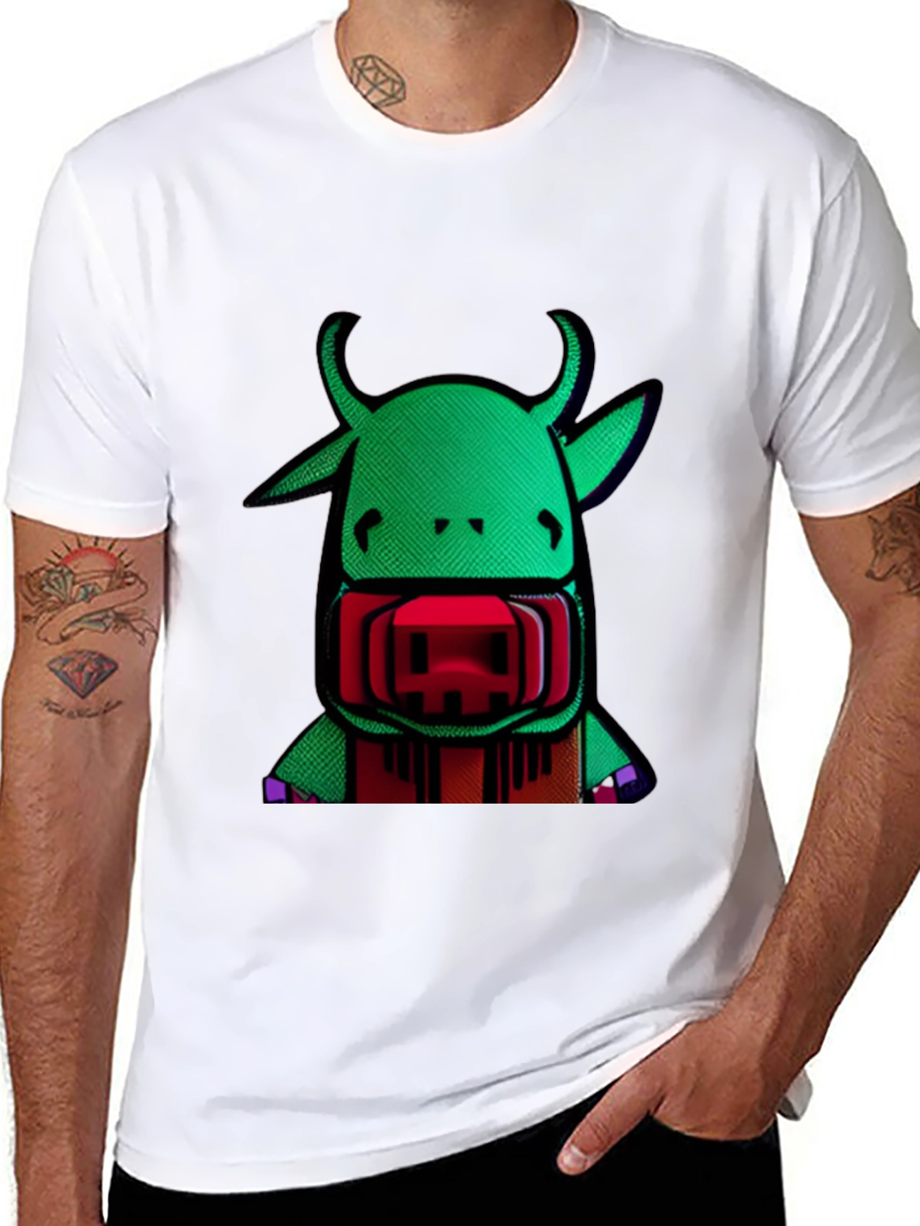 Novelty Green Cow Graphic Print Mens Black T-Shirt