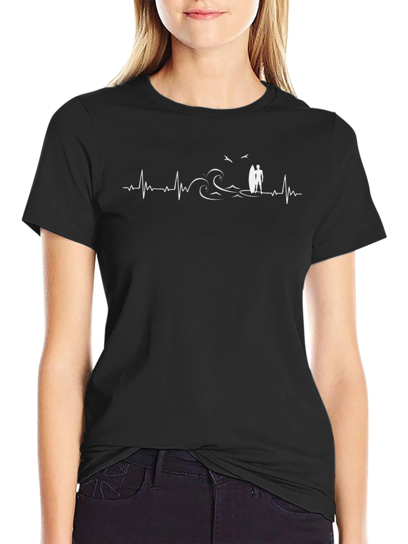 Surfing Heartbeat Graphic Tee - Black T-Shirt