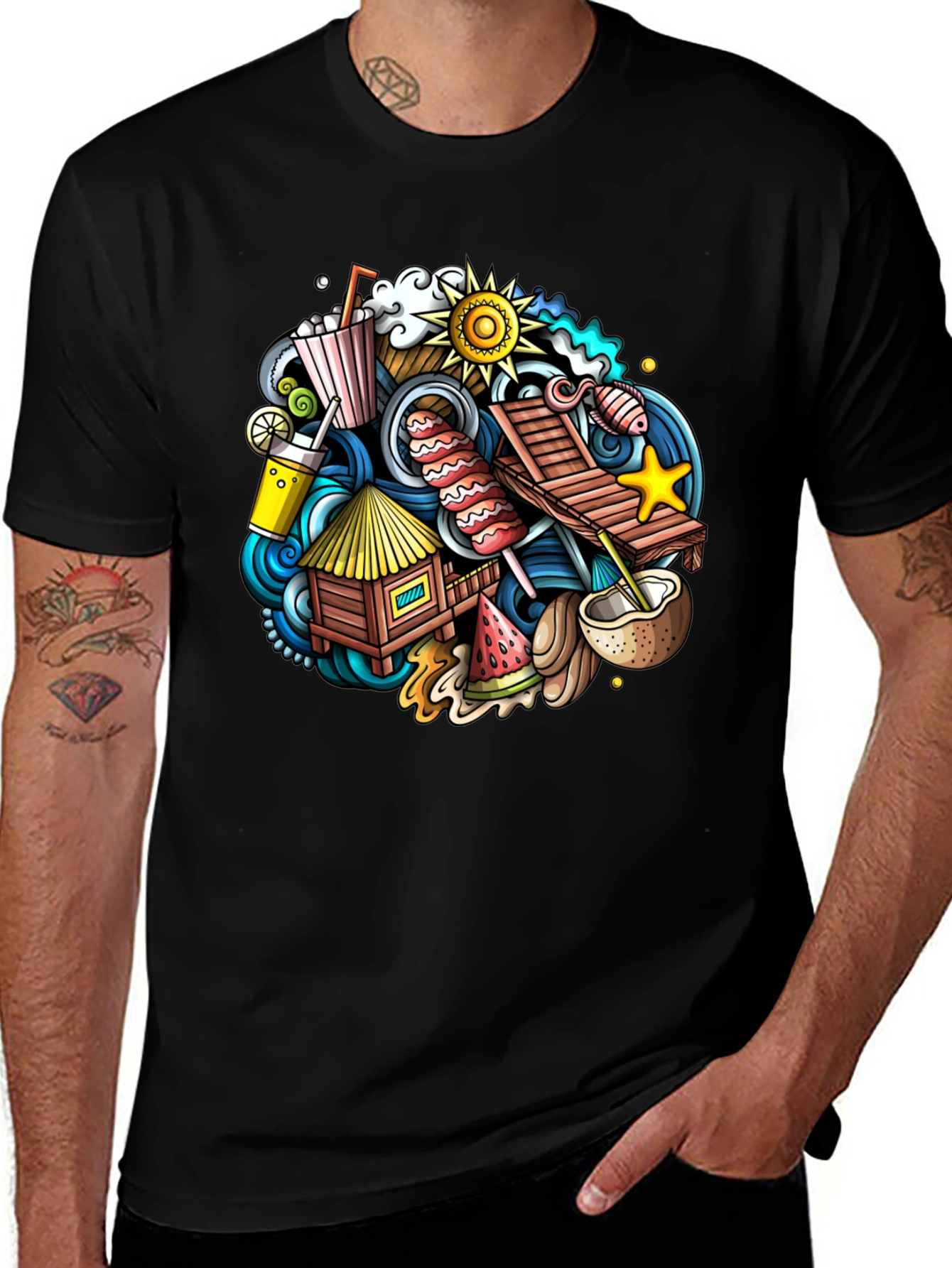 Tropical Summer Doodle Black T-Shirt