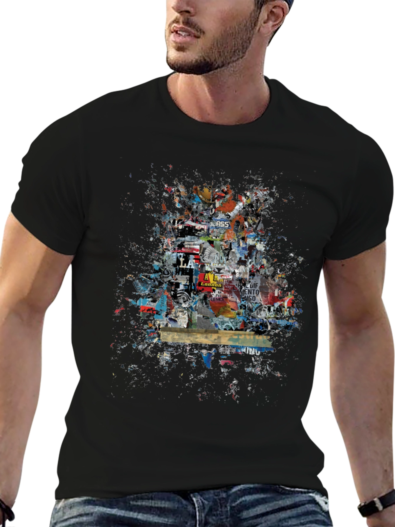 Urban Collage Graphic Tee - Black Cotton T-Shirt