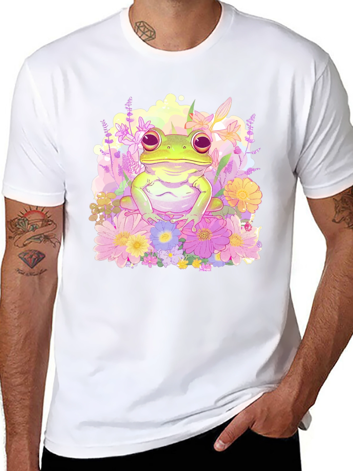 Floral Frog Graphic Tee - Black Cotton T-Shirt