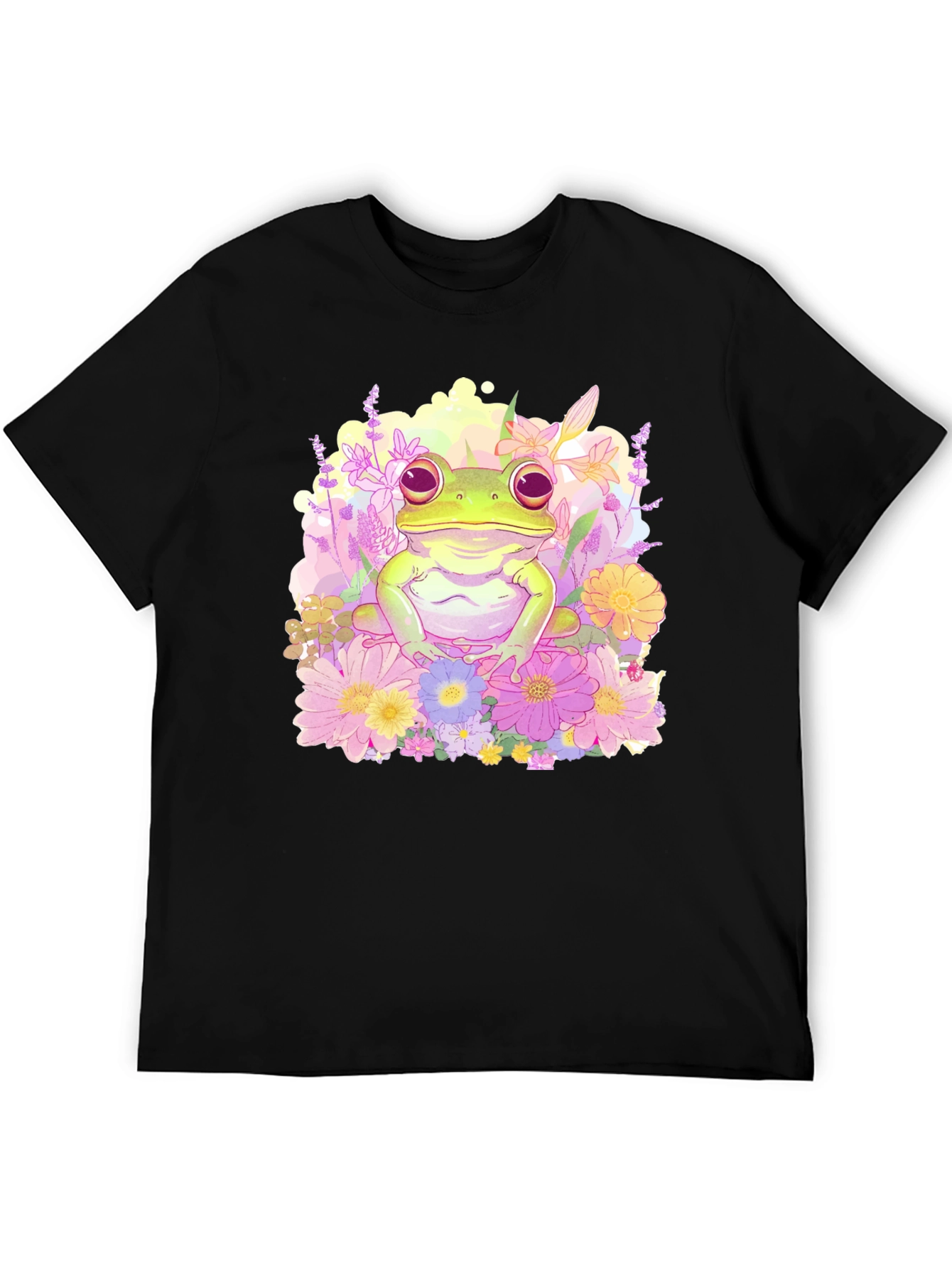 Floral Frog Graphic Tee - Black Cotton T-Shirt