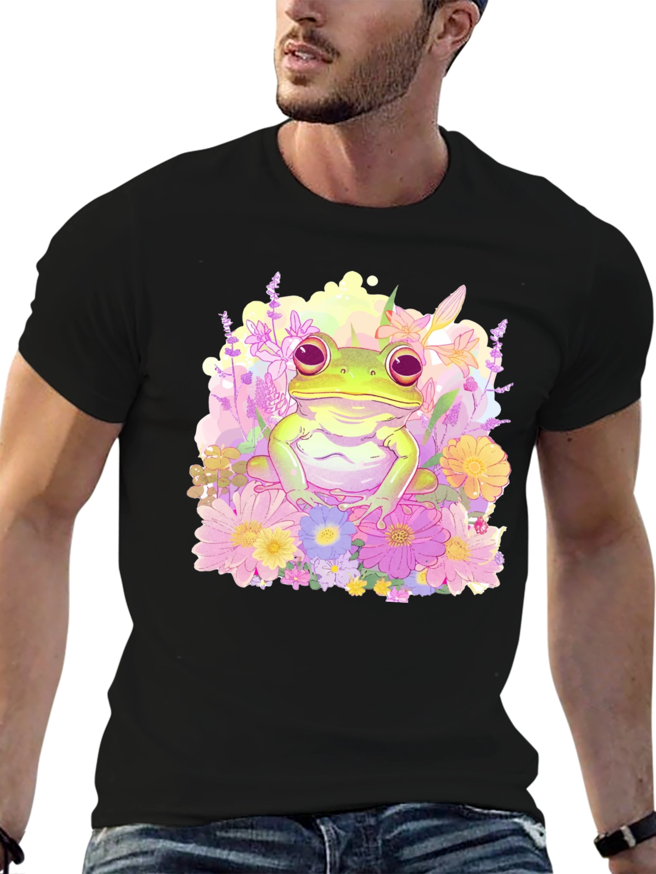 Floral Frog Graphic Tee - Black Cotton T-Shirt