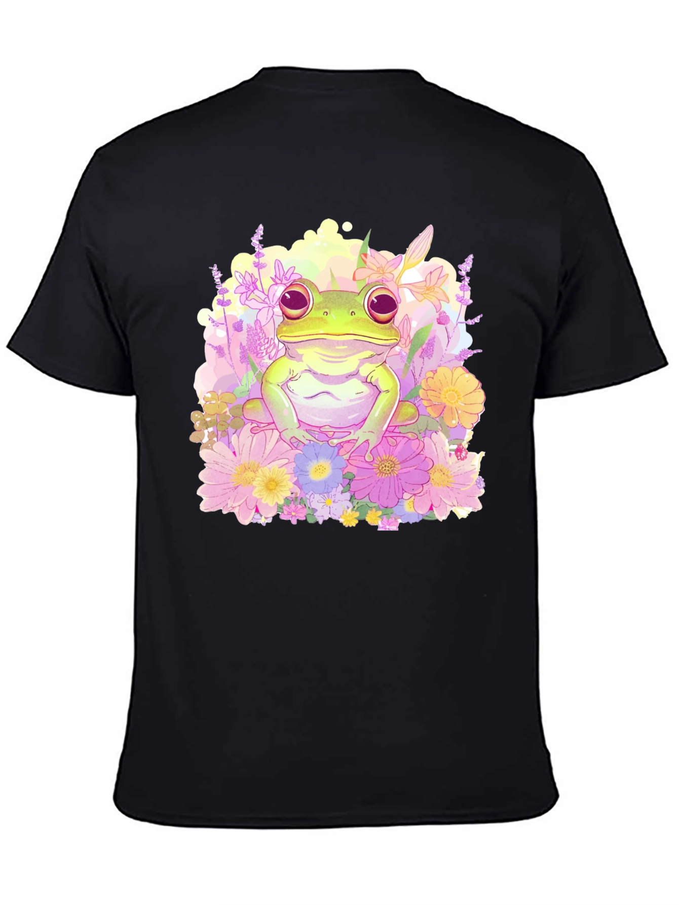 Floral Frog Graphic Tee - Black Cotton T-Shirt