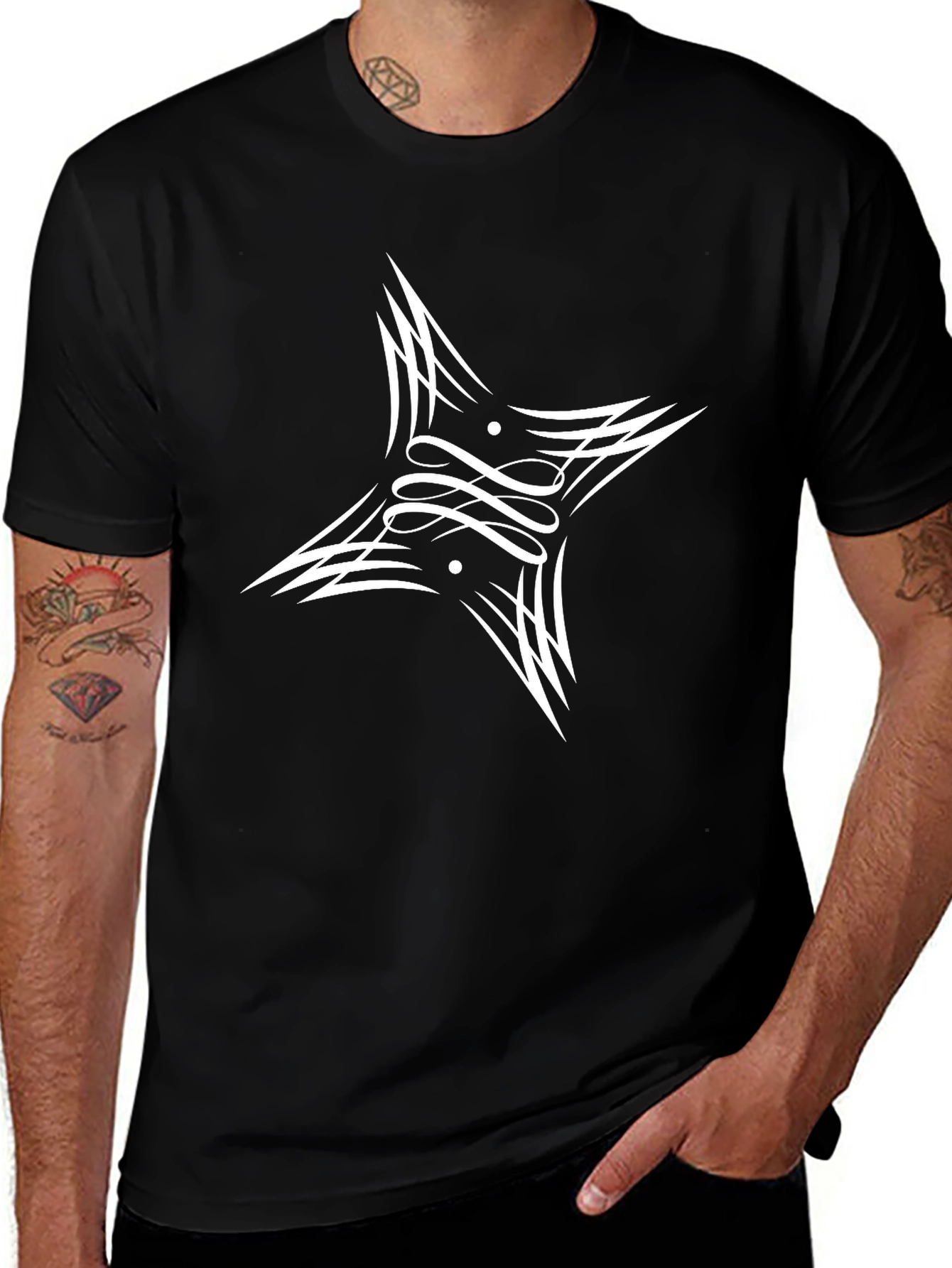 Mens Black Graphic Tee - Abstract Star Design