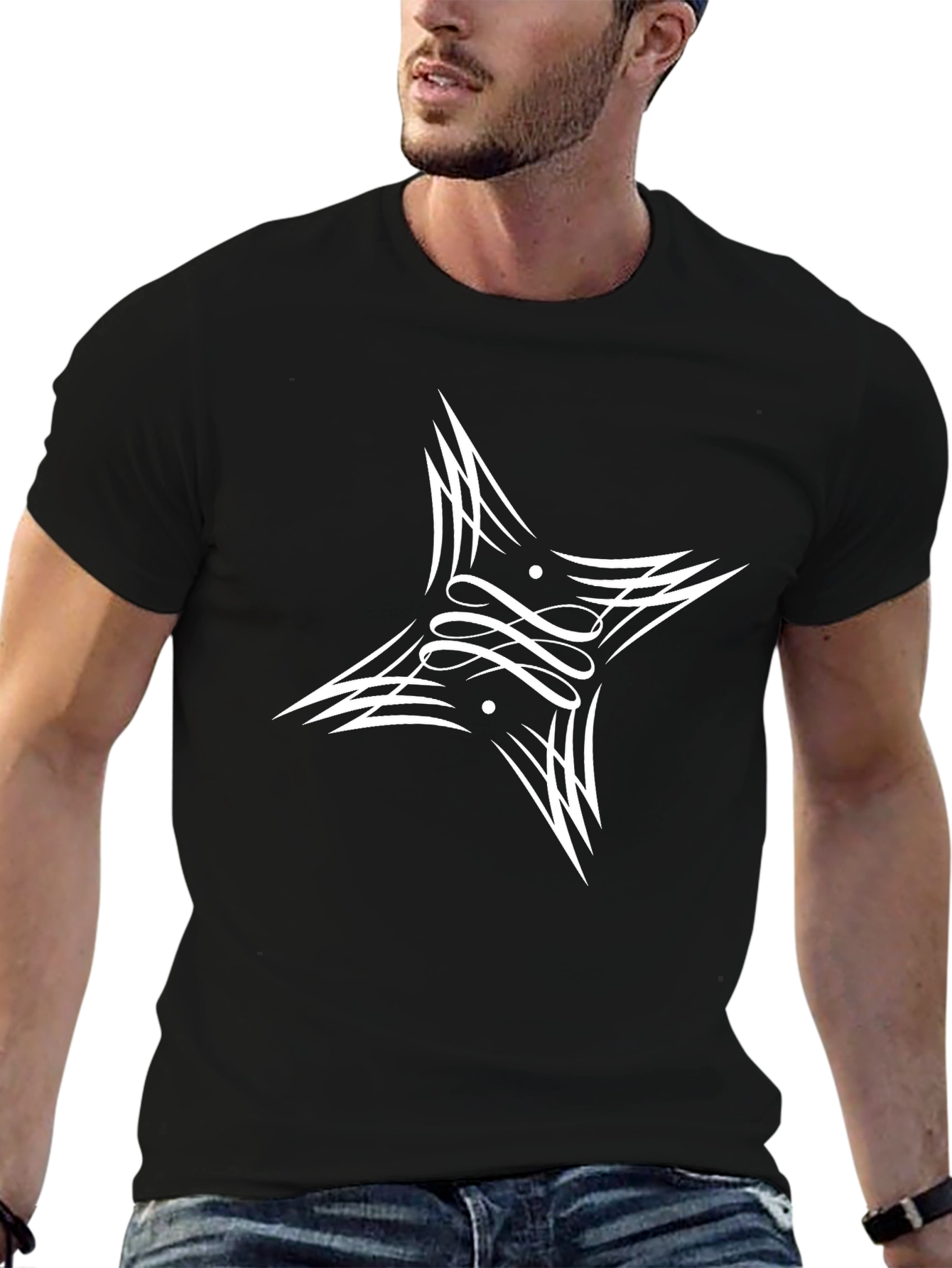 Mens Black Graphic Tee - Abstract Star Design