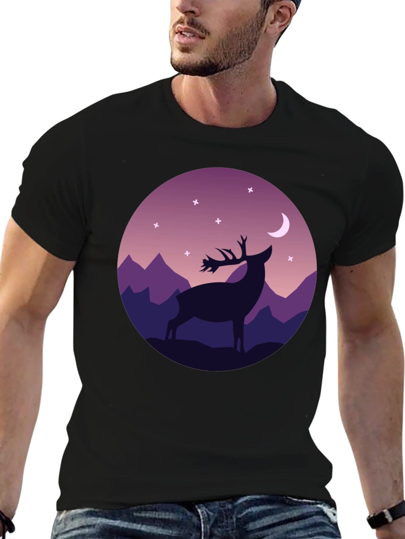 Mens Black T-Shirt Deer Moon Graphic Tee